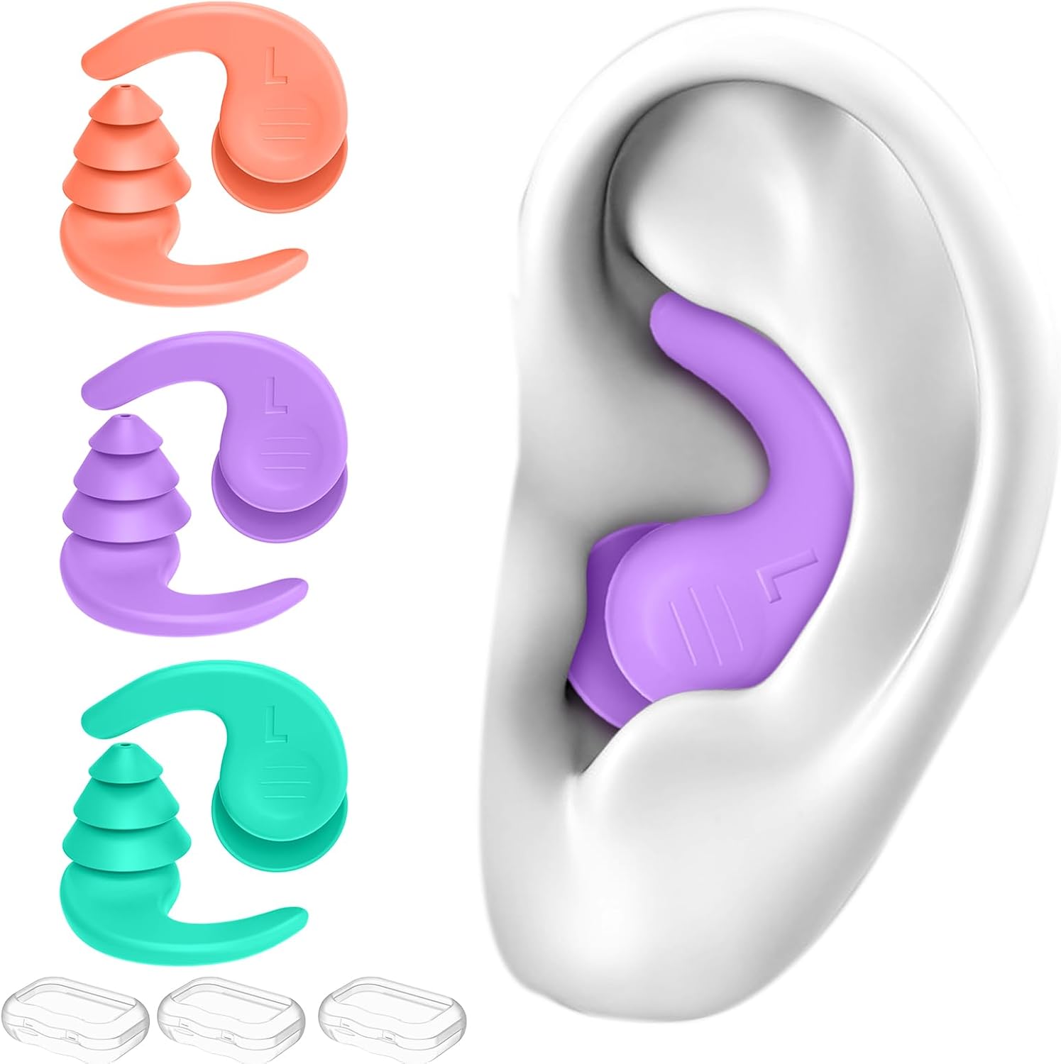 Detalle de Reusable Silicone Swimming Earplugs for Adults, 3 Pairs with Storage Cases