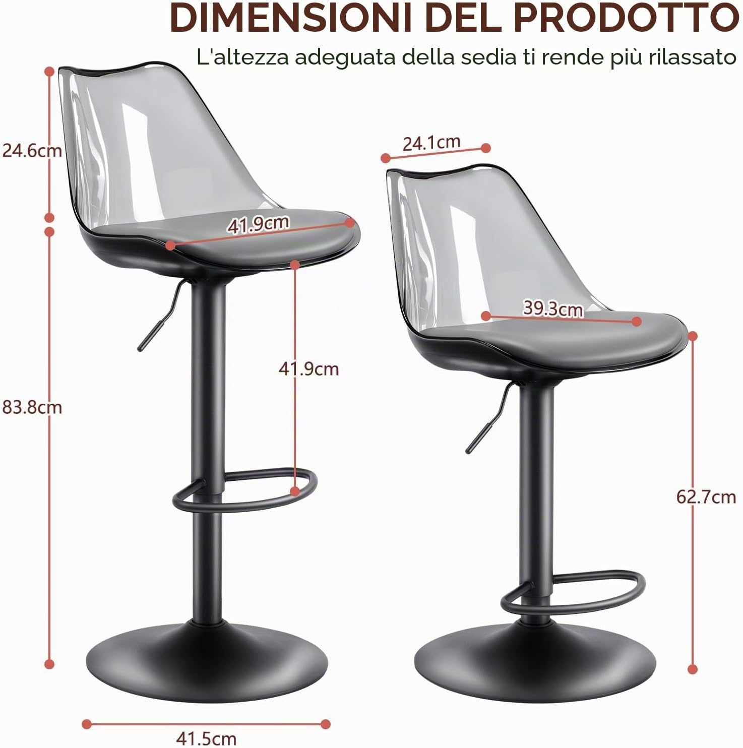 Thumbnail 2 de Fiximaster: Set di 4 sgabelli da bar trasparenti in acrilico regolabili con schienale e poggiapiedi