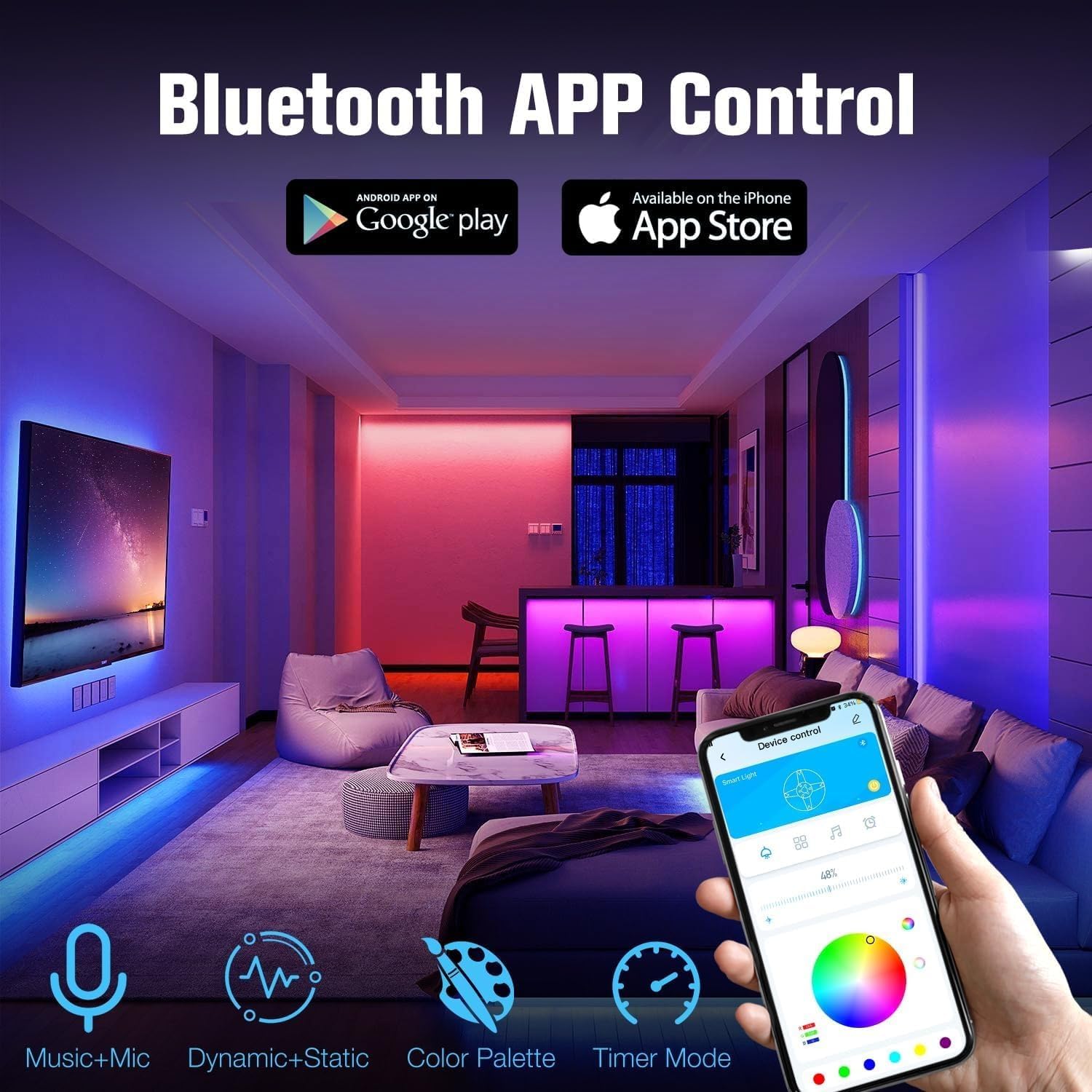 Thumbnail 1 de phopollo 30m LED Strip Light for Bedroom – Bluetooth App & Remote, Music Sync, RGB, Self-Adhesive