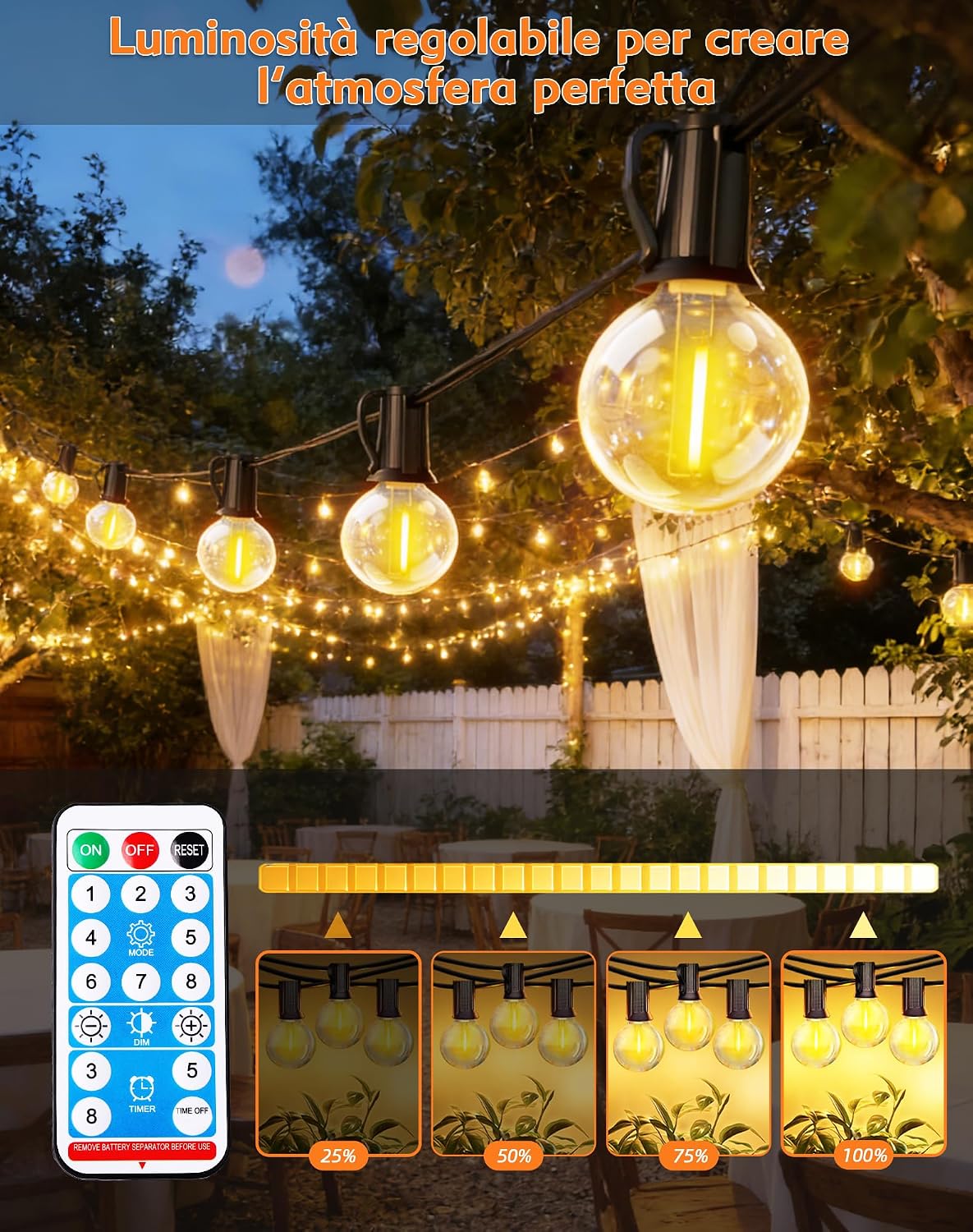 Detalle de Qxmcov Catena Luminosa Esterno Solare 10 m con 15+1 LED G40, IP44, Telecomando
