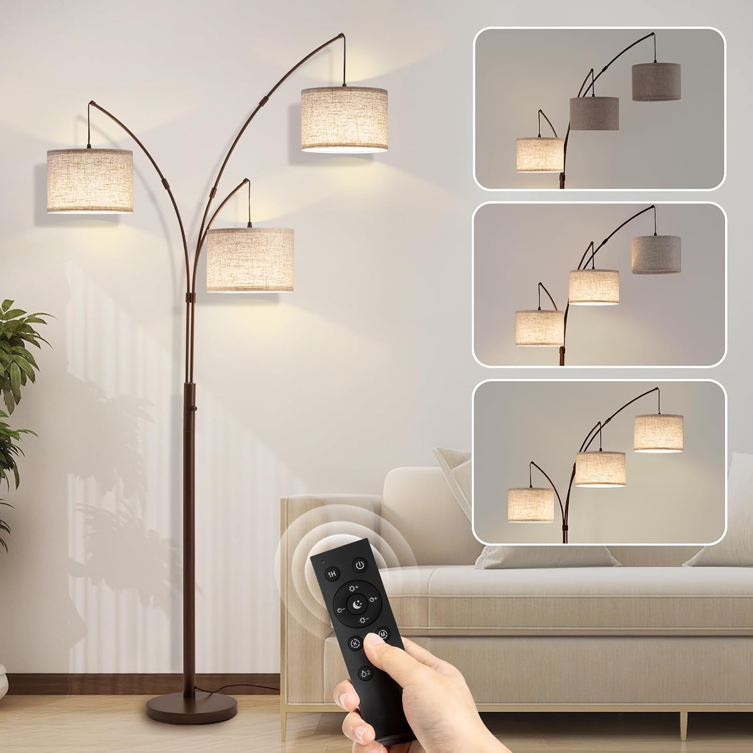 Detalle de Fansdrick 3-Light Arc Floor Lamp, 2,400 Lumens, Remote Dimming, 80-Inch