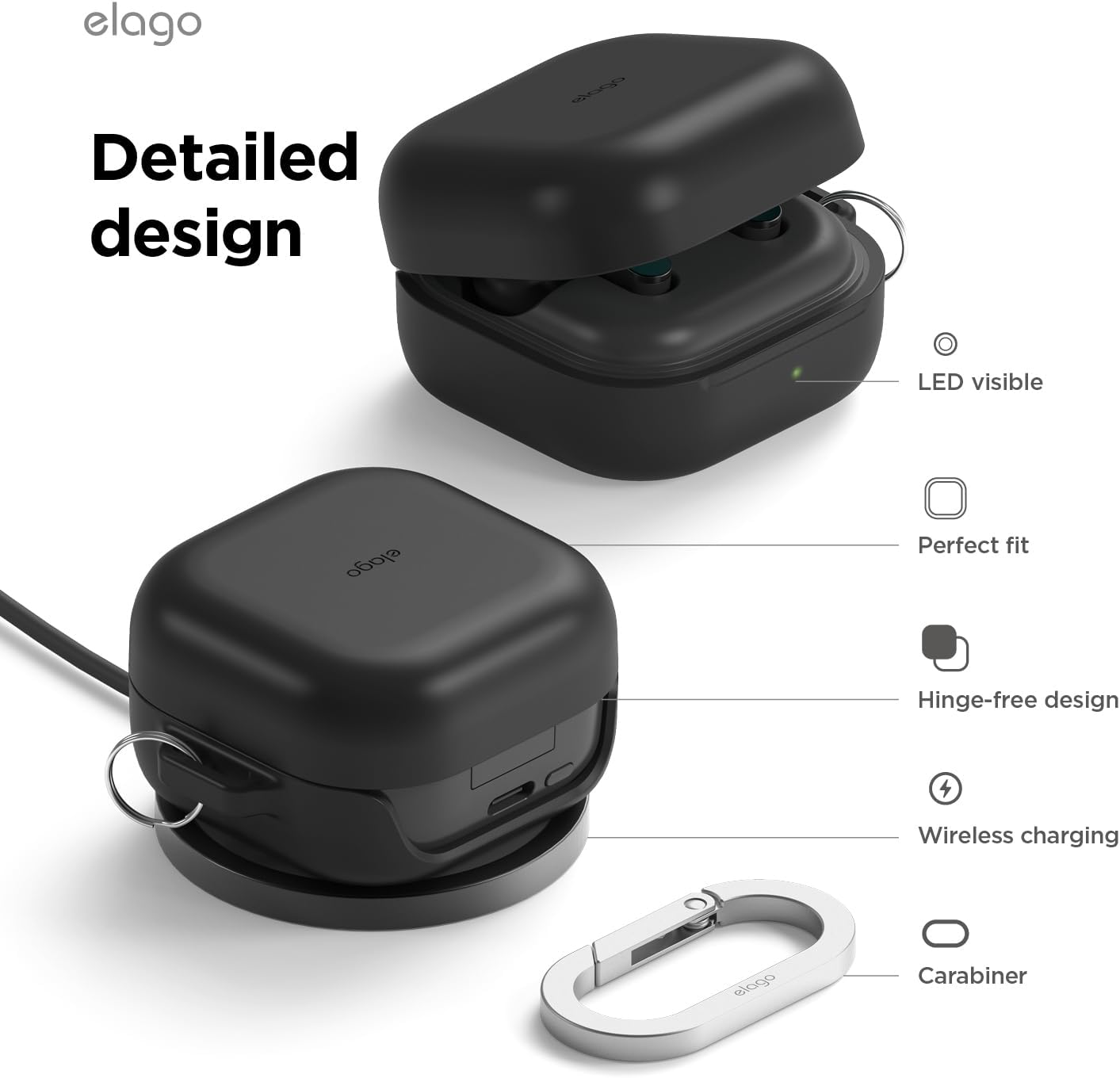 Detalle de elago Coque en silicone pour boîtier Samsung Galaxy Buds 4 Pro & Buds 4, protection avec mousqueton et compatibilité charge sans fil (Noir)