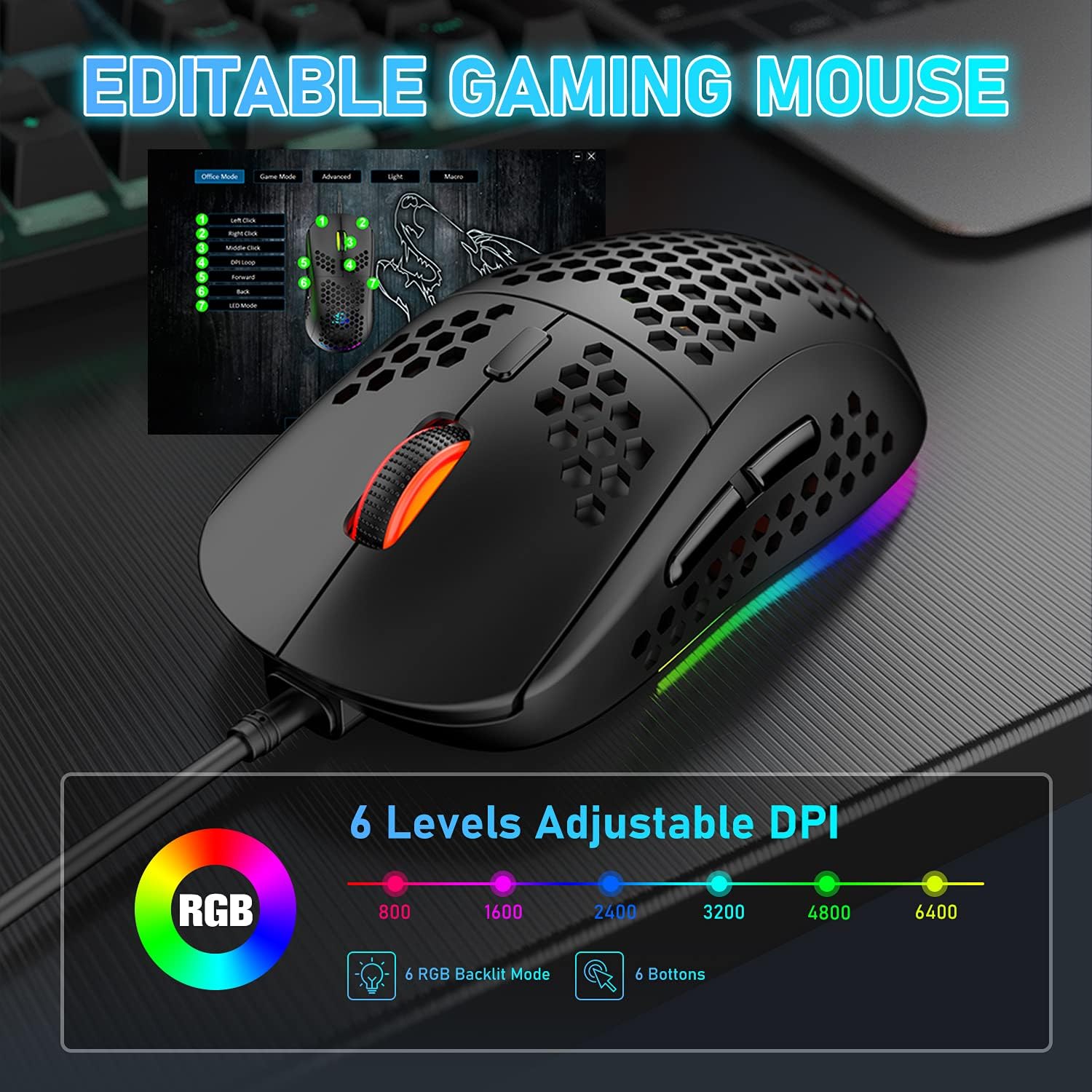 Thumbnail 6 de 60% UK Layout Wired Gaming Keyboard and Mouse 62 Keys Mini Compact Mechanical Keyboard + 6400 DPI RGB Mouse
