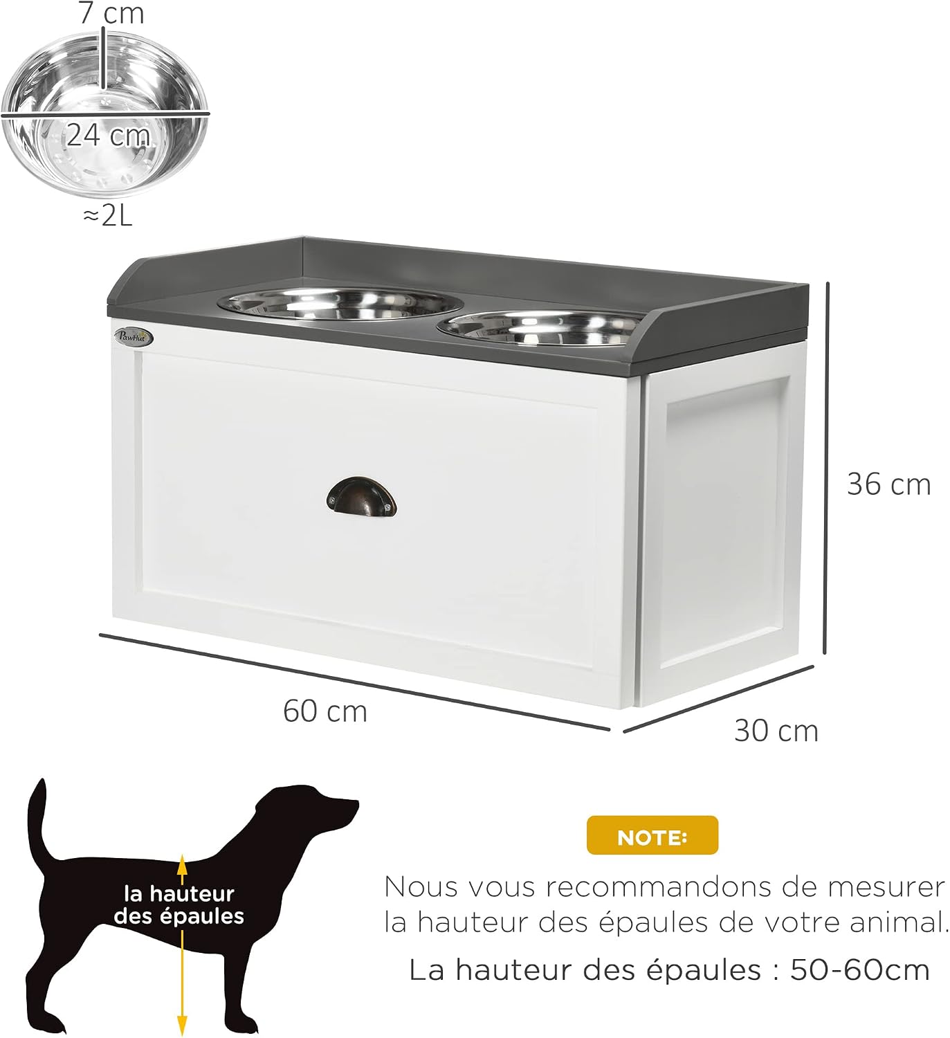 Thumbnail 6 de PawHut gamelles pour chiens surélevées avec support et tiroir coulissant (2 gamelles inox de 2 L)