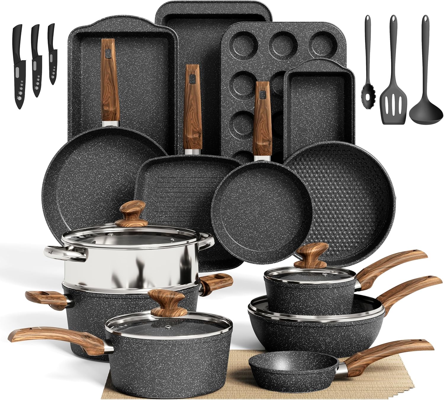 Detalle de DishDelight 30-Piece Granite Non-Stick Pots & Pans Set for Induction Cooktops