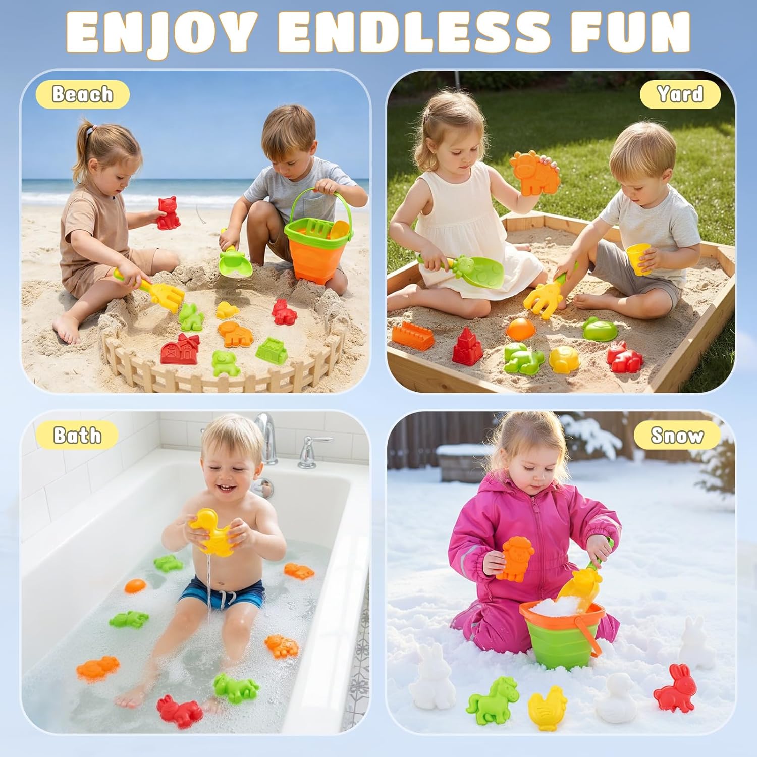Thumbnail 6 de Giochi da Spiaggia Bambini 29 PCS Tema Fattoria – Set Sabbia con Secchielli Pieghevoli, Stampini Animali e Castello