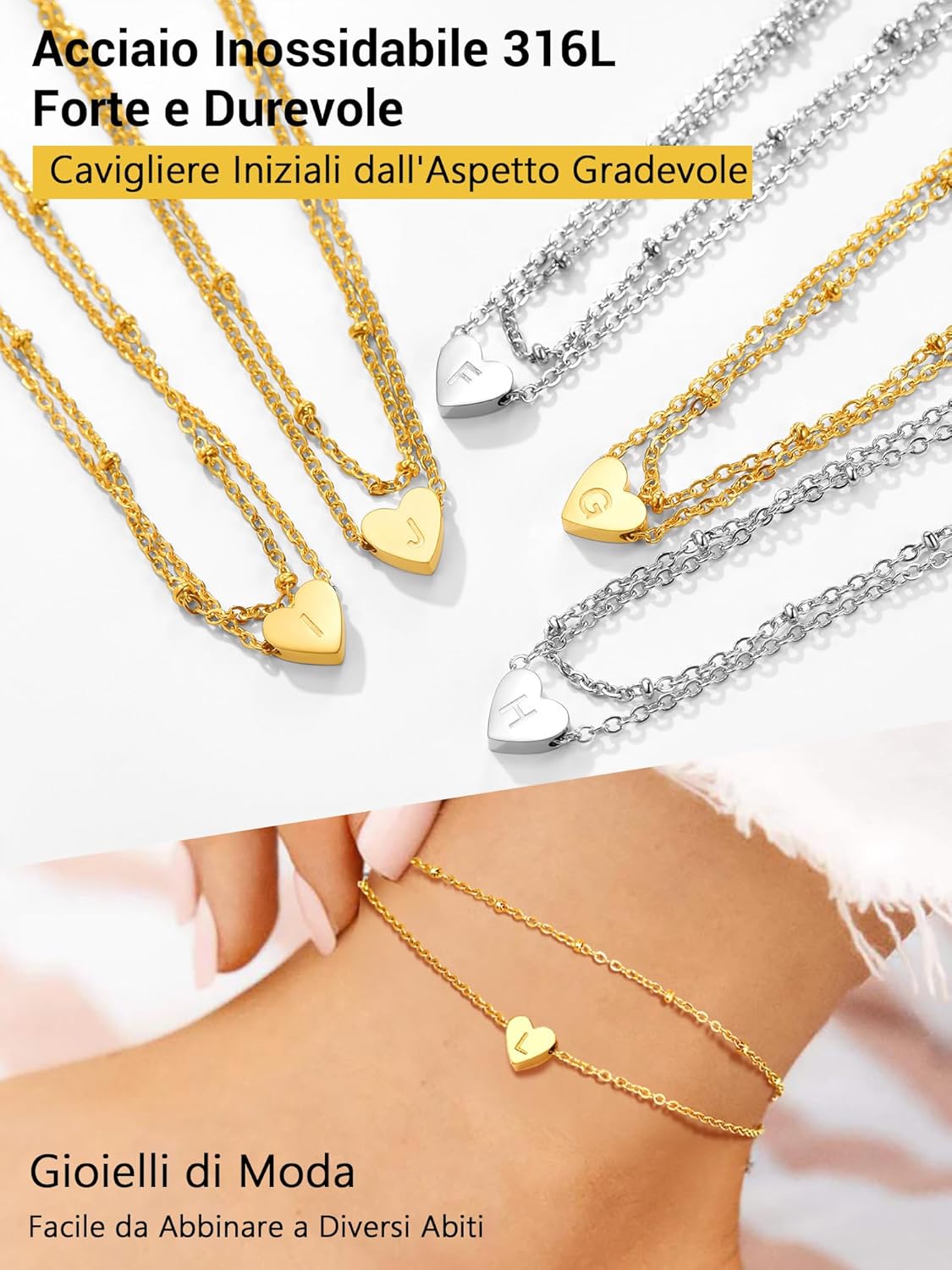 Thumbnail 1 de Cavigliera donna PROSTEEL a doppia catena con pendente cuore e iniziali A–Z in acciaio 316L placcato oro