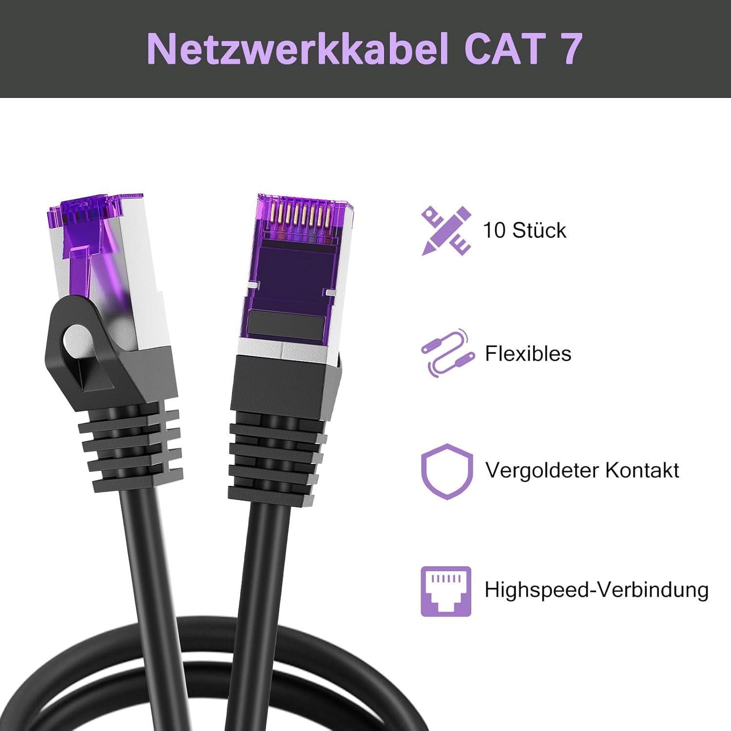 Thumbnail 1 de FGB FGB 10 Gbps Patchkabel 3 m x10 RJ45 CAT 7 (S/FTP, PIMF) schwarz – 10er-Set
