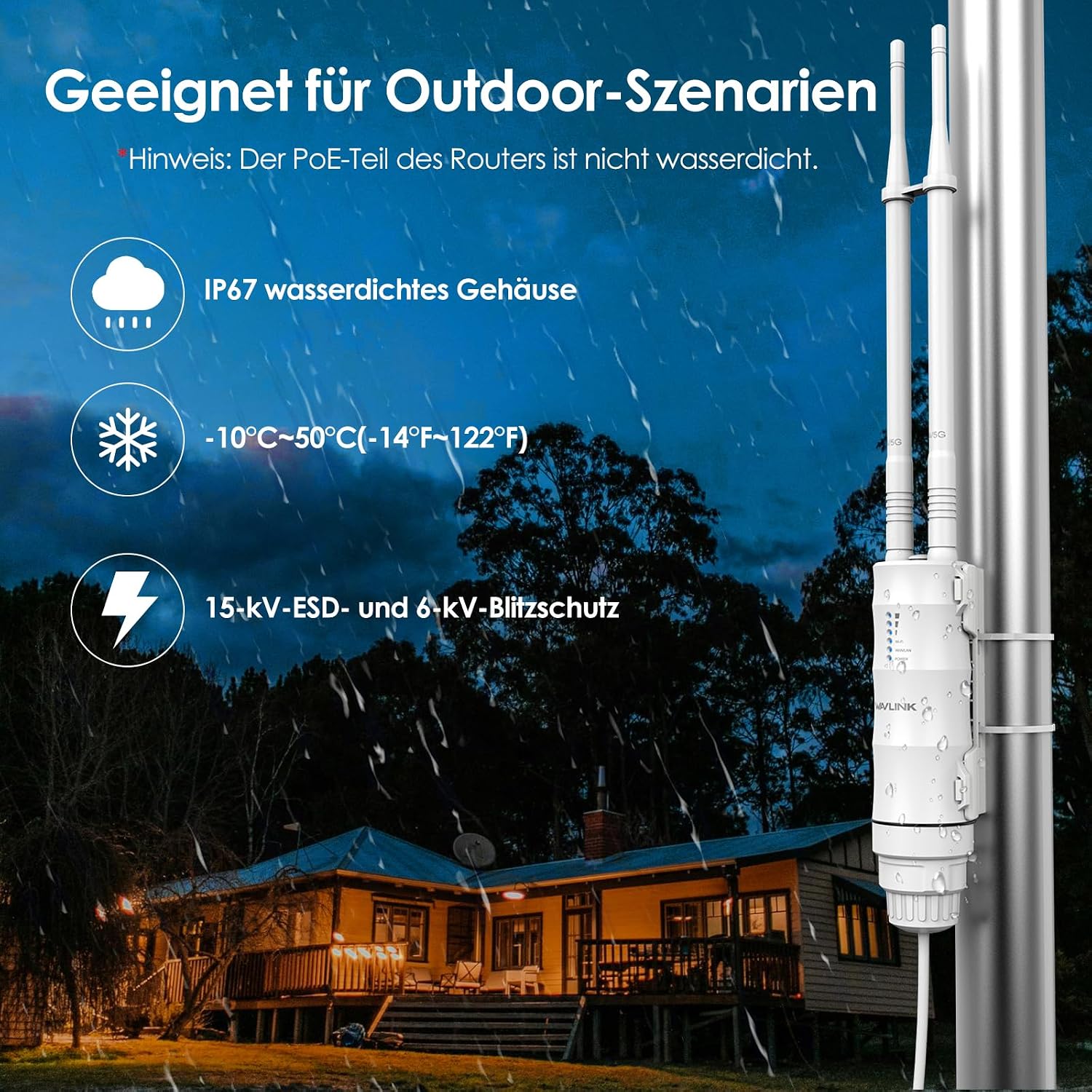 Detalle de WAVLINK AC1200 Outdoor WLAN Repeater – wetterfest, IP67, mit PoE-Unterstützung