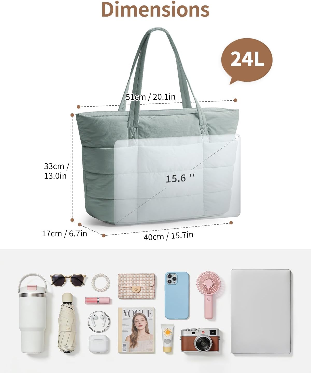 Detalle de Narwey Quilted Puffer Tote Bag for Women with 15.6" Laptop Sleeve and Elastic Cup Holder