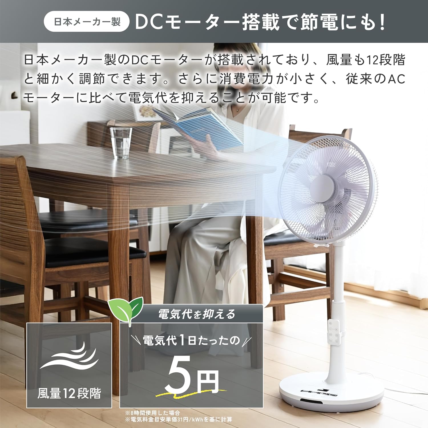 Detalle de 山善 YLX-AED30(WH) DCモーター搭載リビング扇風機 風量12段階・リモコン付き