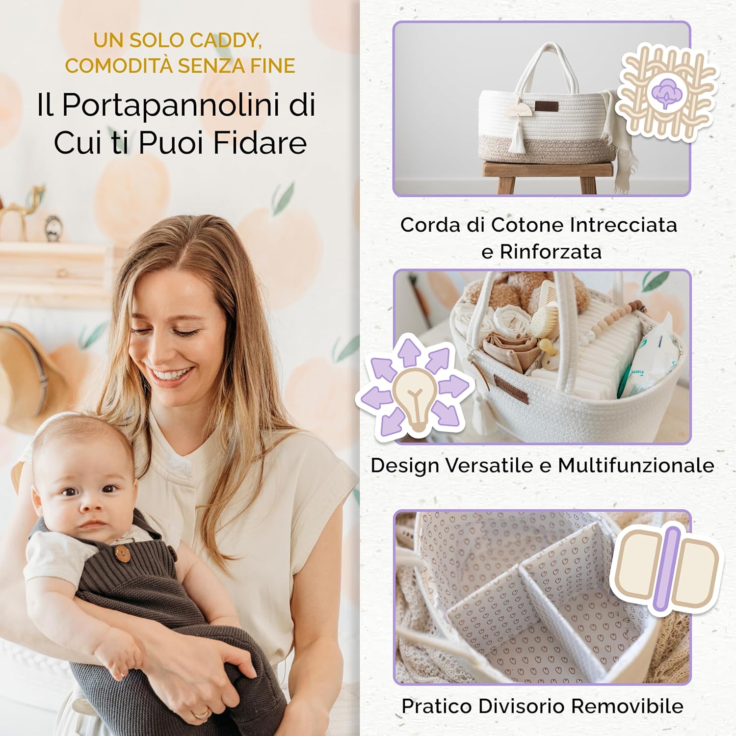Thumbnail 2 de Yunioo Cestino Porta Pannolini: organizer per fasciatoio con scomparti staccabili e maniglie robuste