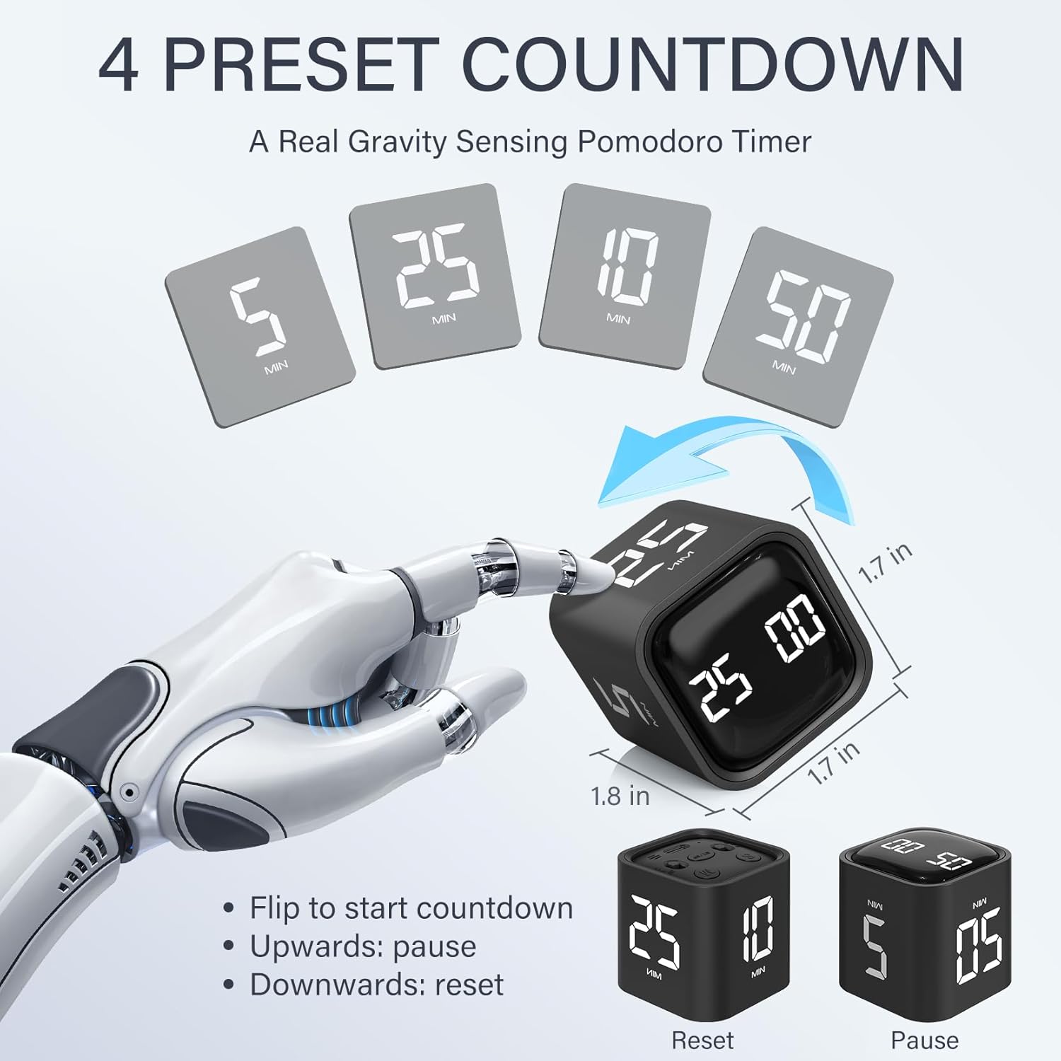 Detalle 2 de Rotating Pomodoro Timer 5/25/10/50 Minutes Preset Desk Flip Timer (Gravity Sensor, Custom Modes)