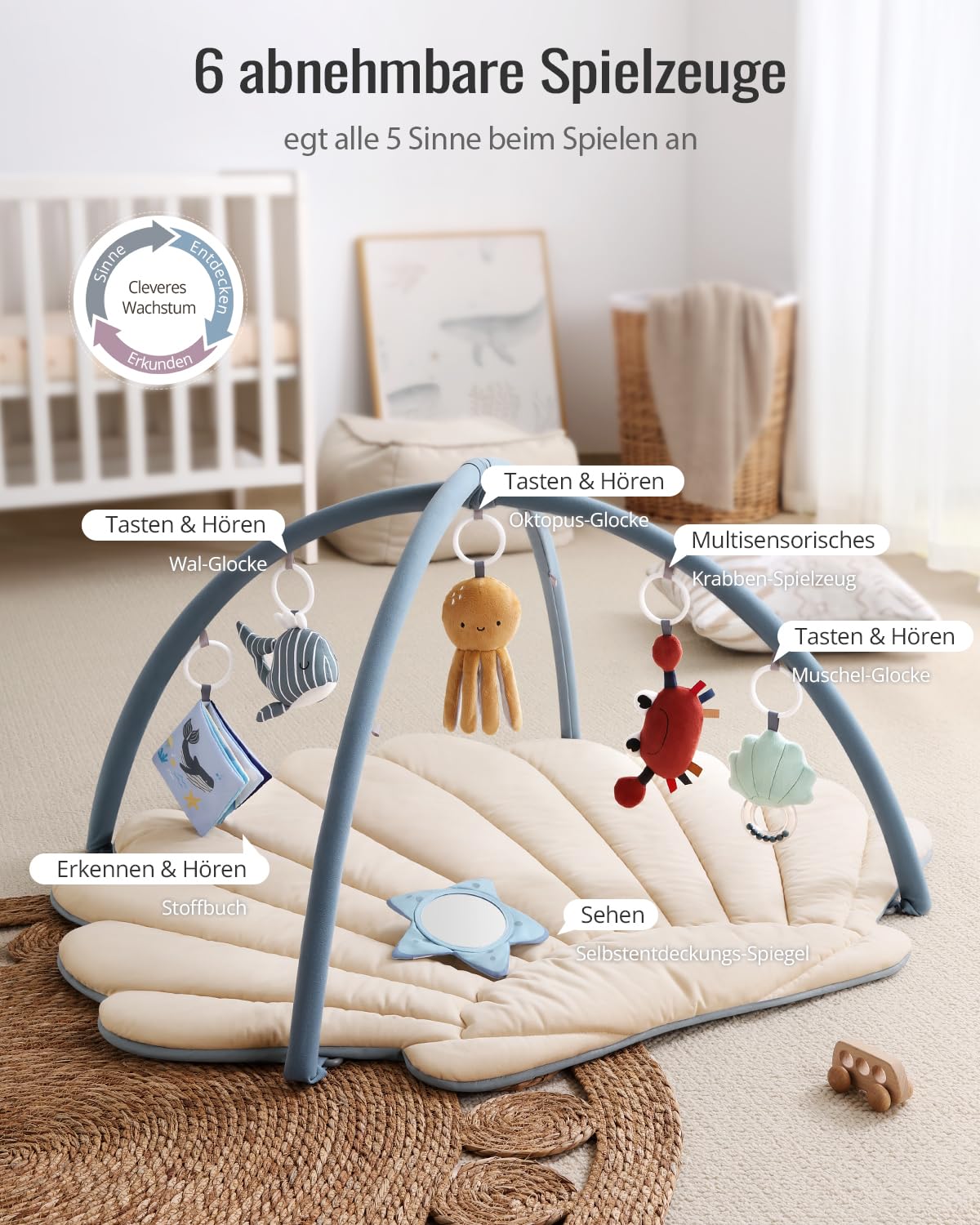Thumbnail 2 de Blissful Diary Spielbogen Baby – Baby-Spieldecke mit 6 abnehmbaren Spielzeugen (103 × 96 cm), Boho-Ozean