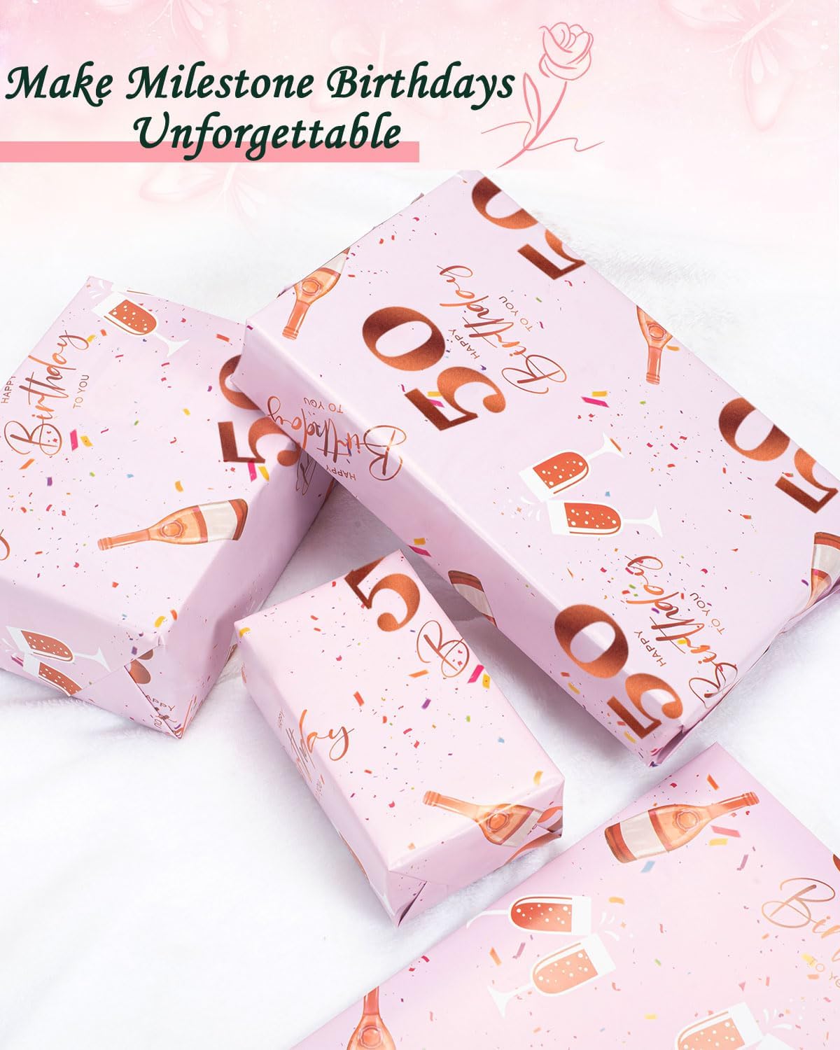 Detalle de Vinuwu 6 Sheets 50th Birthday Wrapping Paper – 70x50cm, Rose Gold Pink, Plastic Free & Recyclable