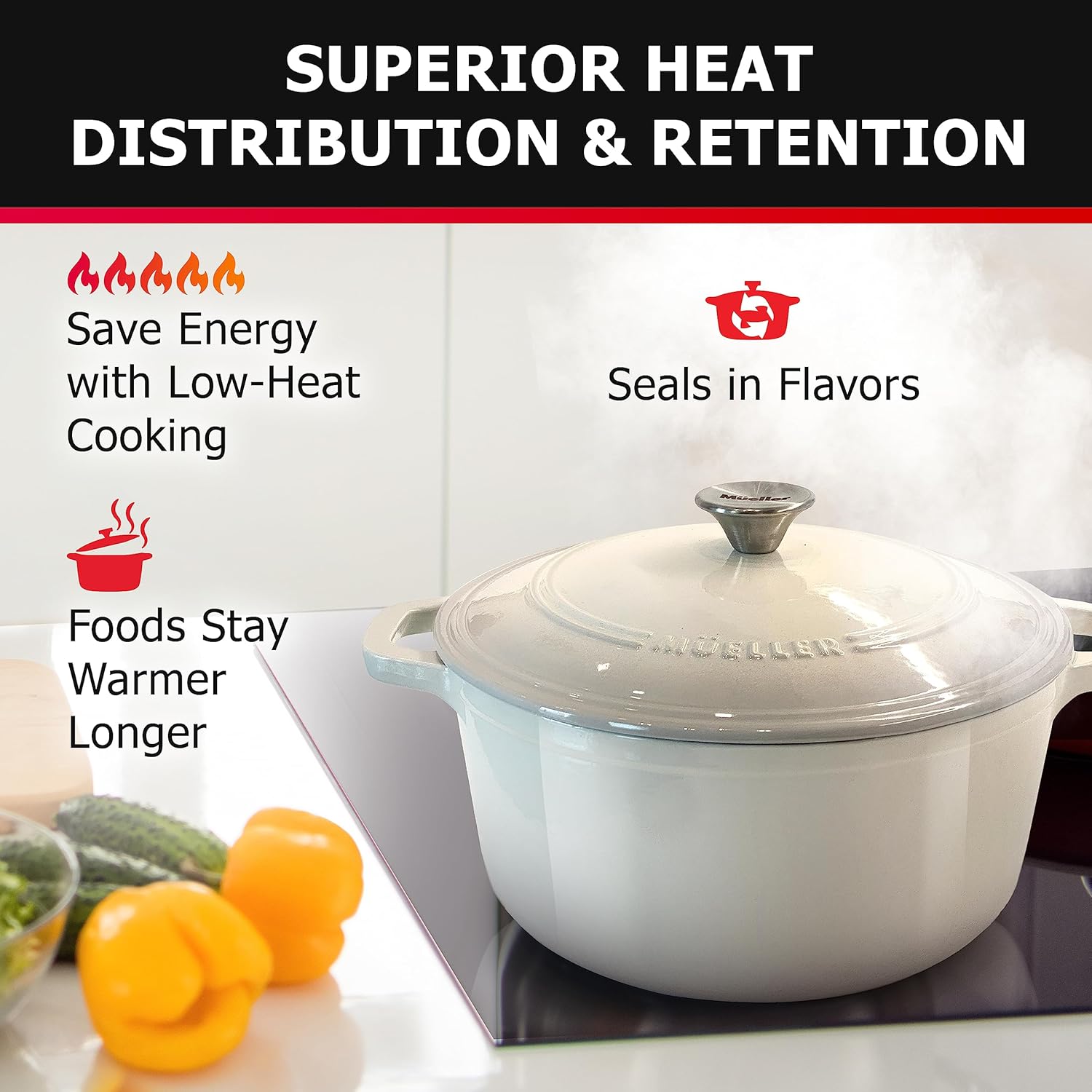 Thumbnail 3 de Mueller 6qt Enameled Cast Iron Dutch Oven with Lid and Knob (White)