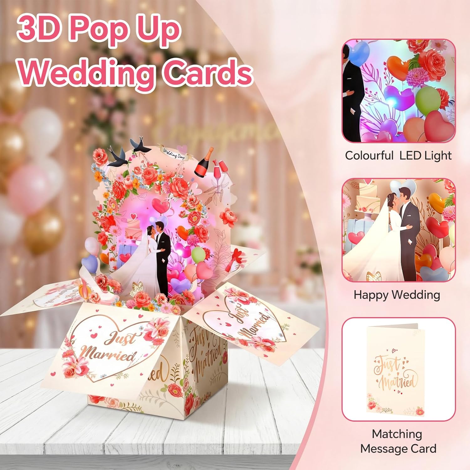 Thumbnail 2 de Yinqing Wedding Card with Music and Light – “Just Married” 3D pop-up gift for bride and groom