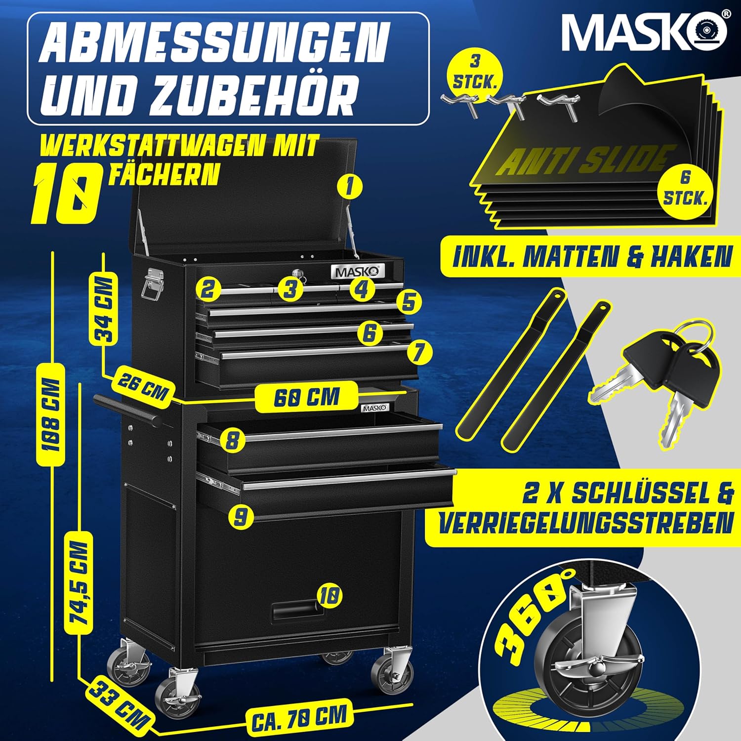 Thumbnail 1 de MASKO Werkstattwagen inkl. Koffer mit Schloss – 9 Fächer, abschließbar, Rollwagen zur Werkzeugaufbewahrung