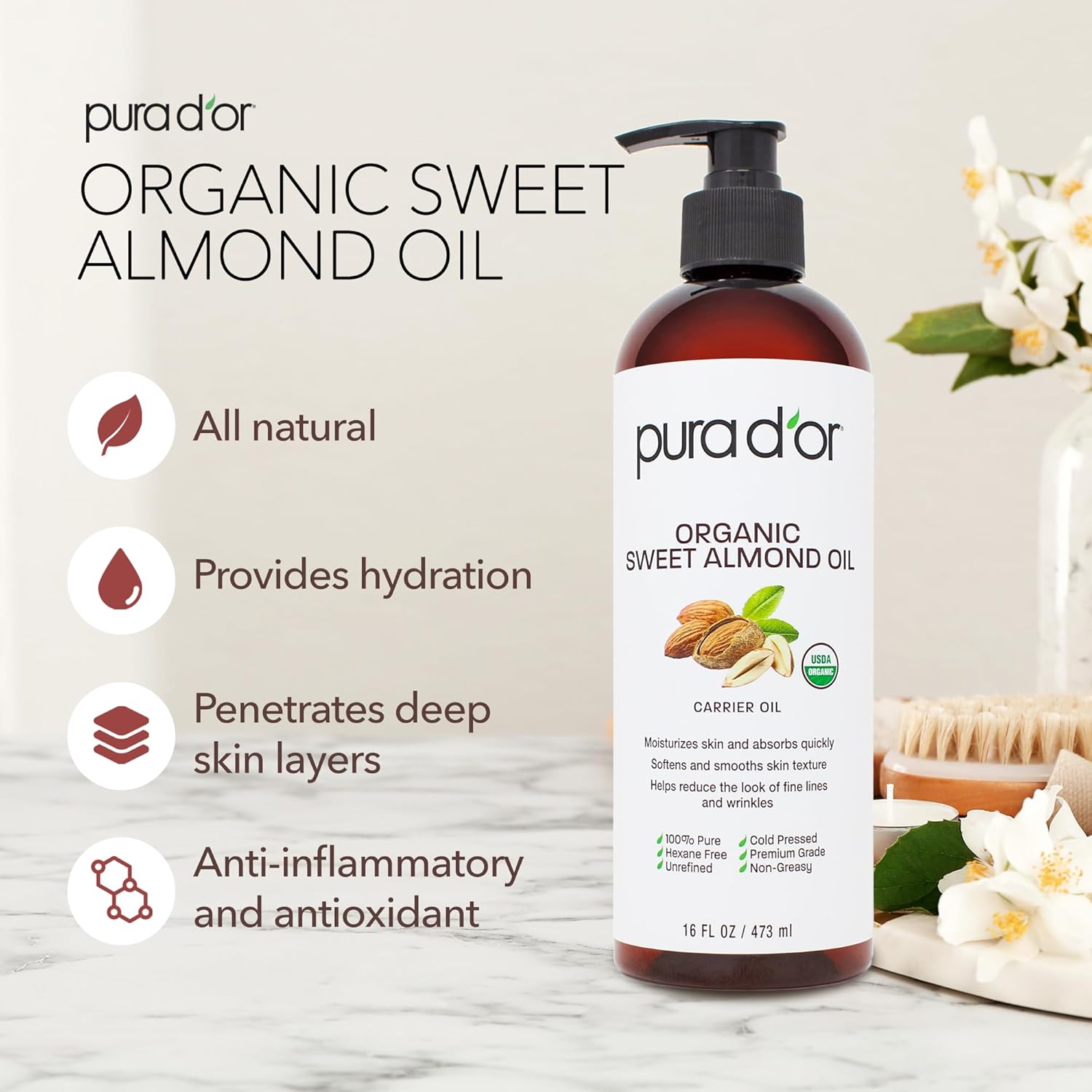 Detalle 2 de PURA D'OR Sweet Almond Oil 16 oz