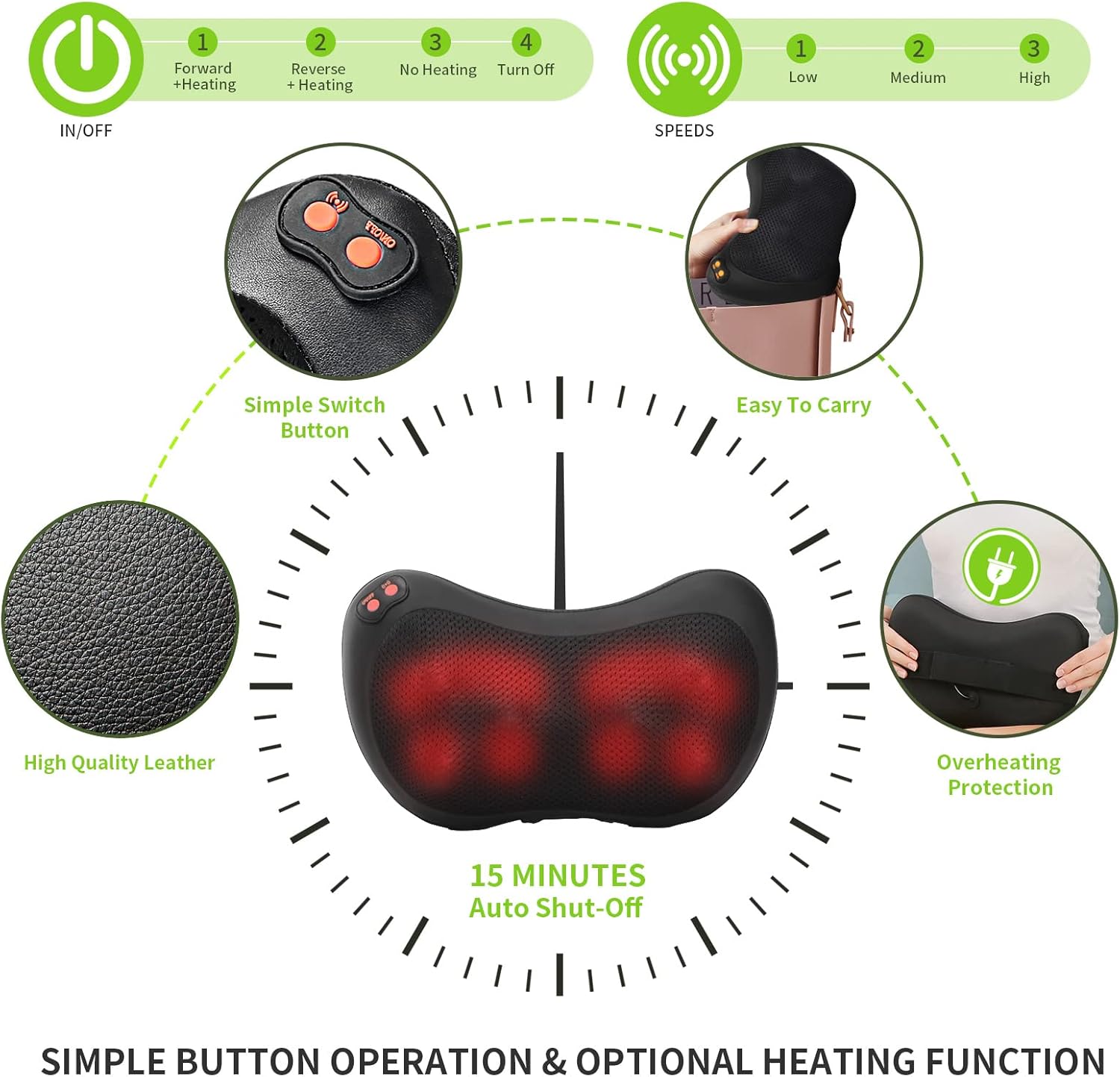 Detalle de iKristin Back Neck Massager with Heat – Shiatsu kneading massage pillow for home and car