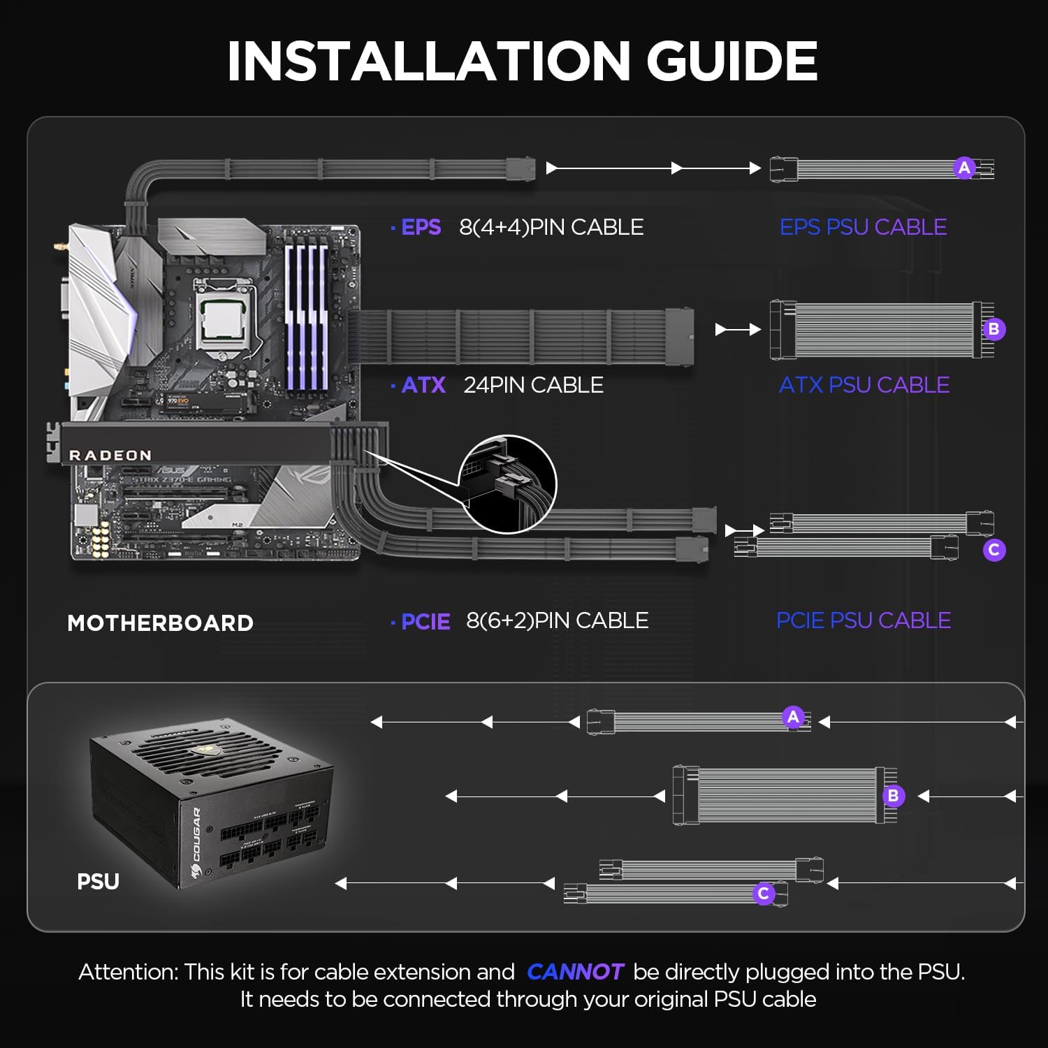 Thumbnail 1 de AsiaHorse PSU Kabelverlängerung: Sleeve-Kit für GPU/CPU, 30 cm, 16AWG