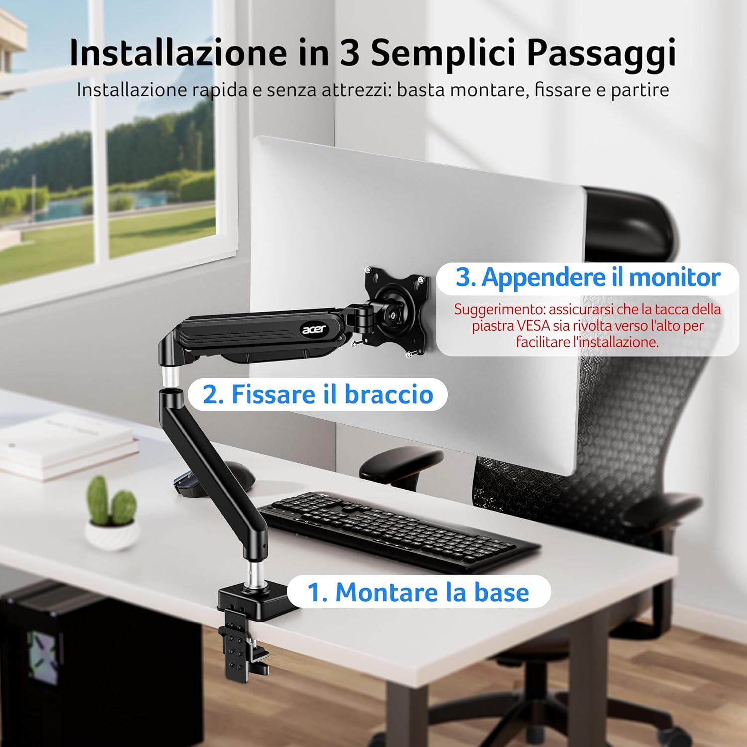 Detalle de Acer Supporto Monitor Schermi Gas: Braccio Regolabile per 17"–34", gestione cavi e montaggio robusto