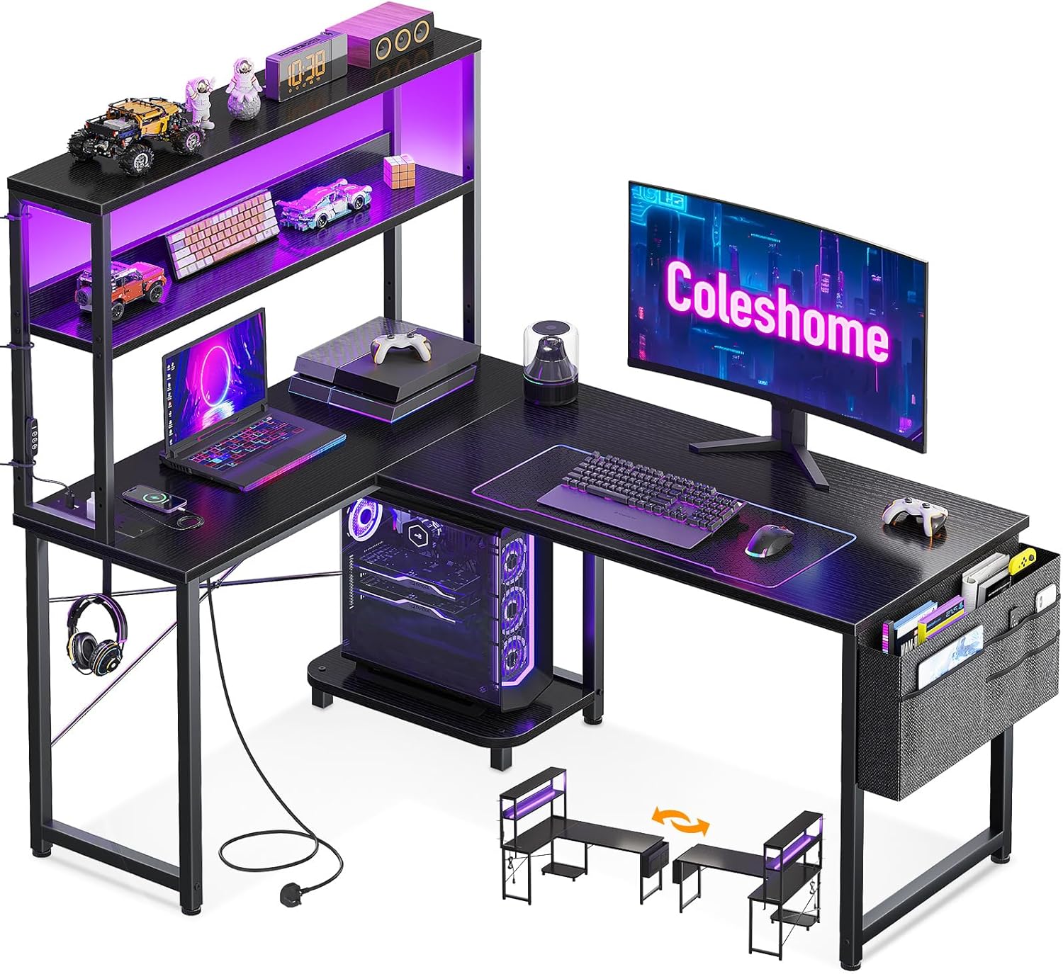 Detalle de Coleshome Reversible L-Shaped Gaming Desk with LED Lights, Power Outlets & Shelves (110 × 80 cm) – Black