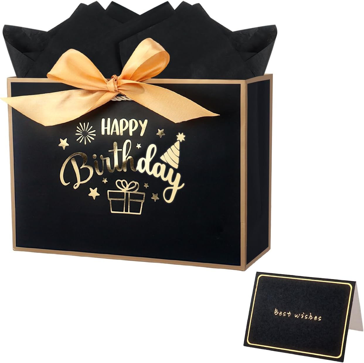 Detalle de Black and Gold Birthday Gift Bag 11.0 × 8.0 × 4.0 inches – Happy Birthday Bag with Ribbons, 3 Tissue Papers & Card
