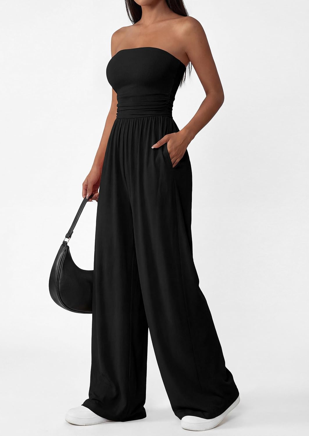Detalle de PRETTYGARDEN Womens Trendy Strapless Rompers 2026 Ruched Tube Top Wide Leg One Piece Jumpsuits