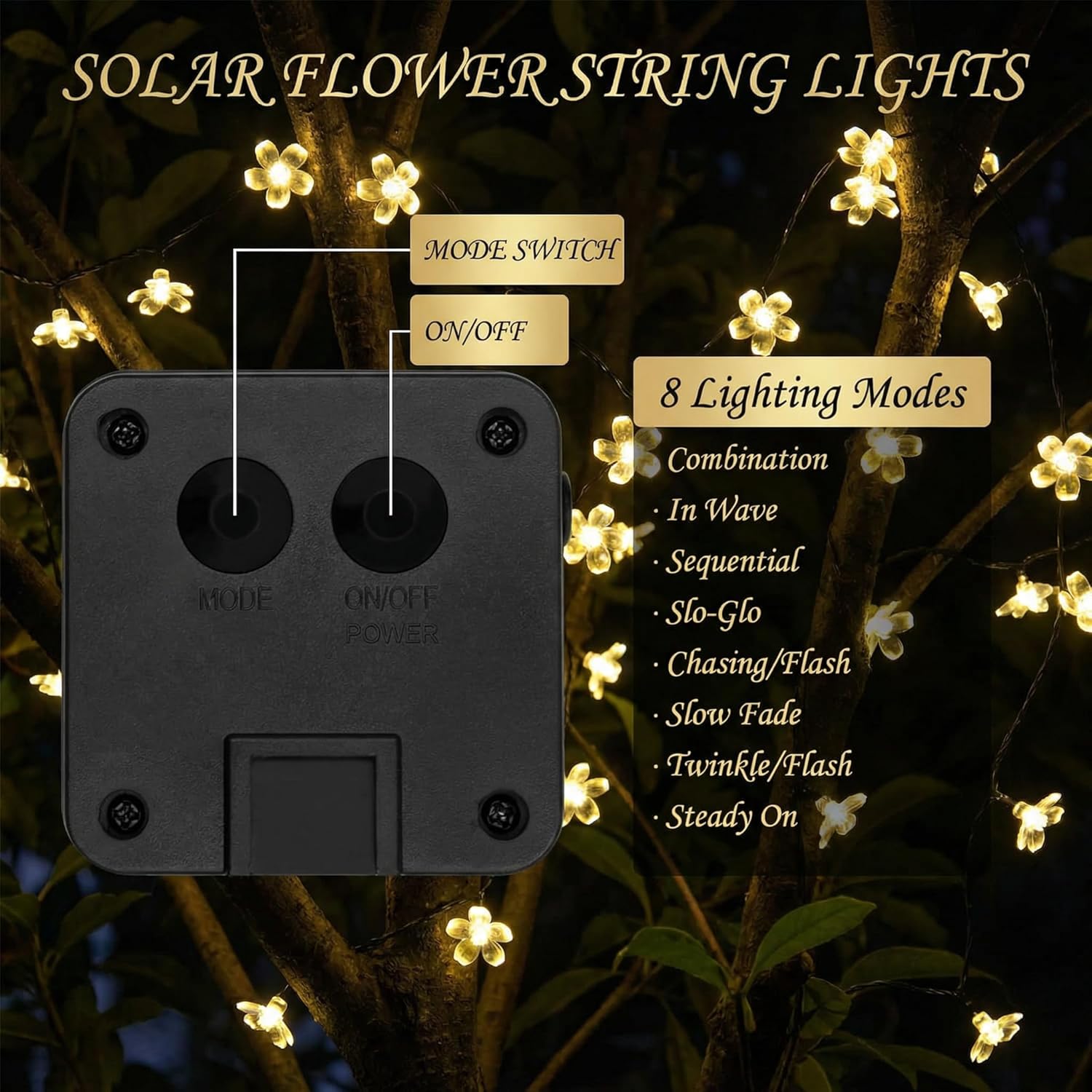 Detalle 2 de BG9D guirnalda solar exterior de flores de cerezo, 11 m y 60 LED con 8 modos e IP44