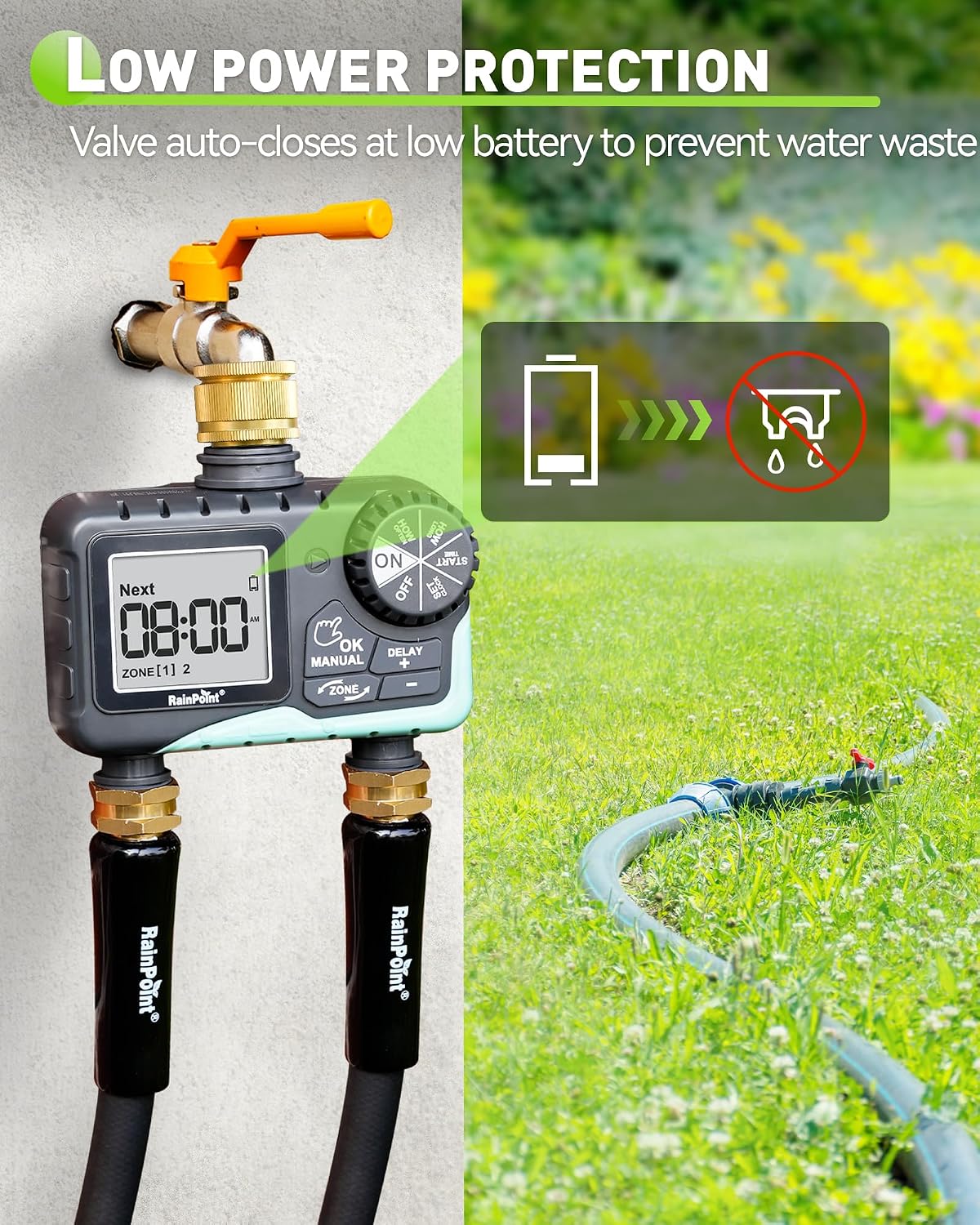 Thumbnail 5 de RAINPOINT Water Timer 2 Outlets with Brass Inlet – IP65 Waterproof, Dual-Zone Garden Irrigation Timer