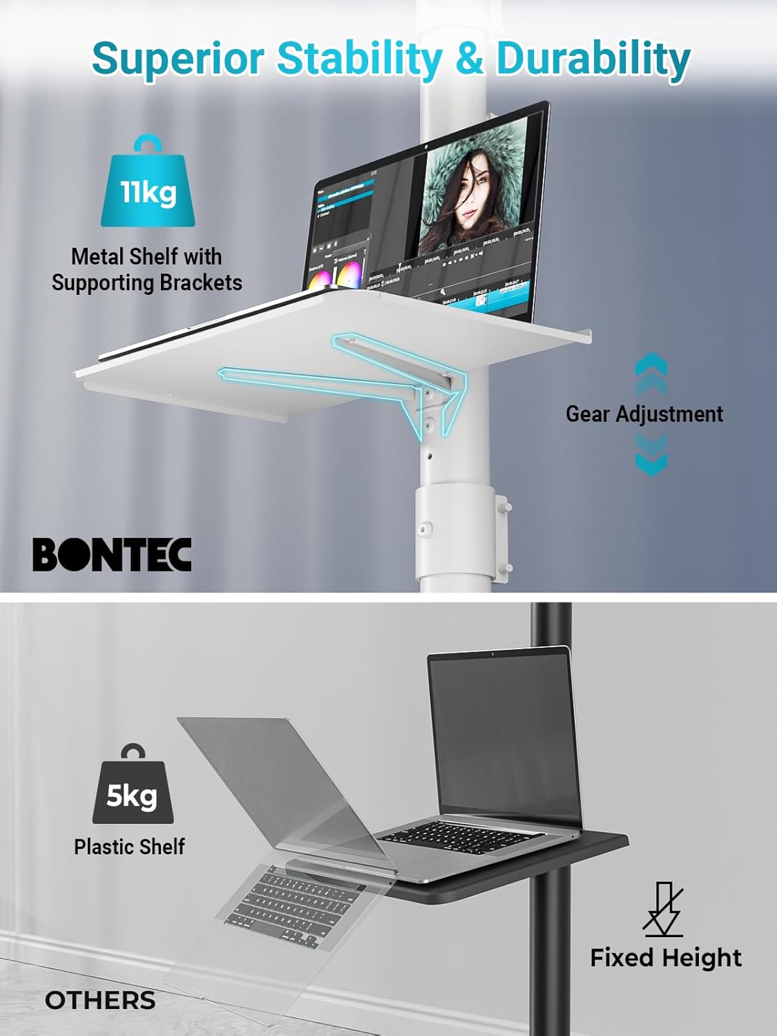 Thumbnail 5 de BONTEC Mobile TV Stand on Wheels: 23–60 Inch, Free Standing, White