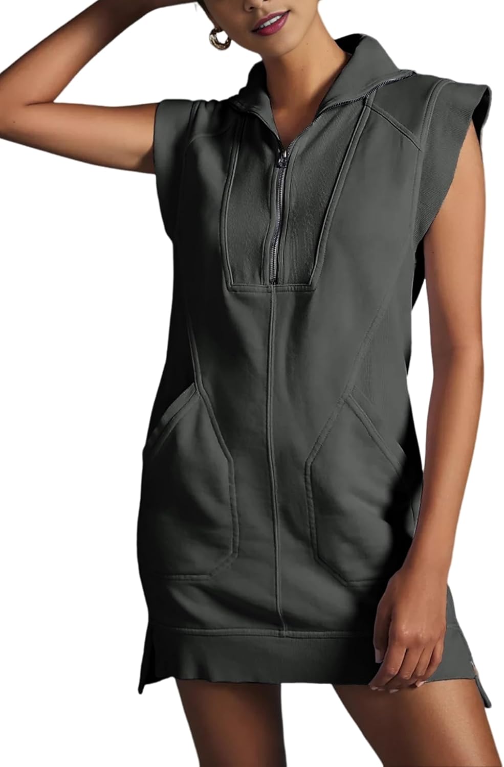 Detalle de Qiaomai Women's Half Zip Sweatshirt Dress: Relaxed Summer Tunic with Pockets