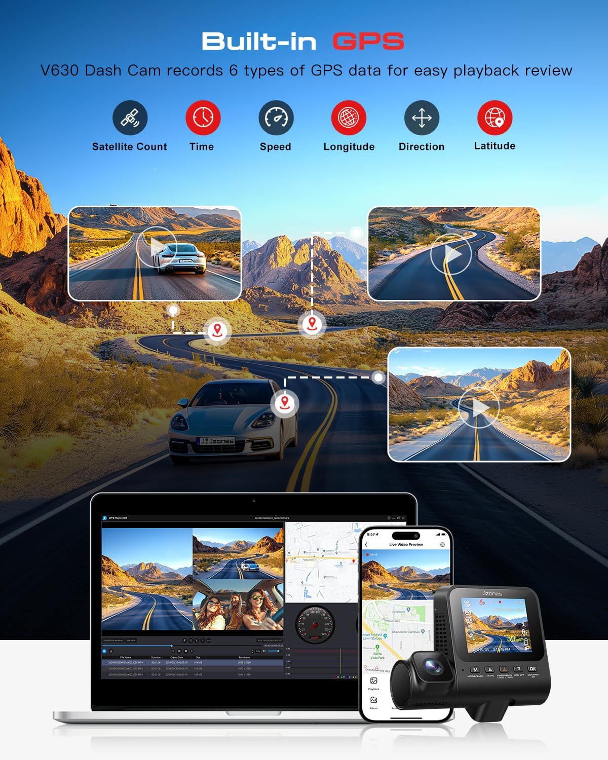 Thumbnail 4 de Jzones 4K 3-Channel Dash Cam 64GB