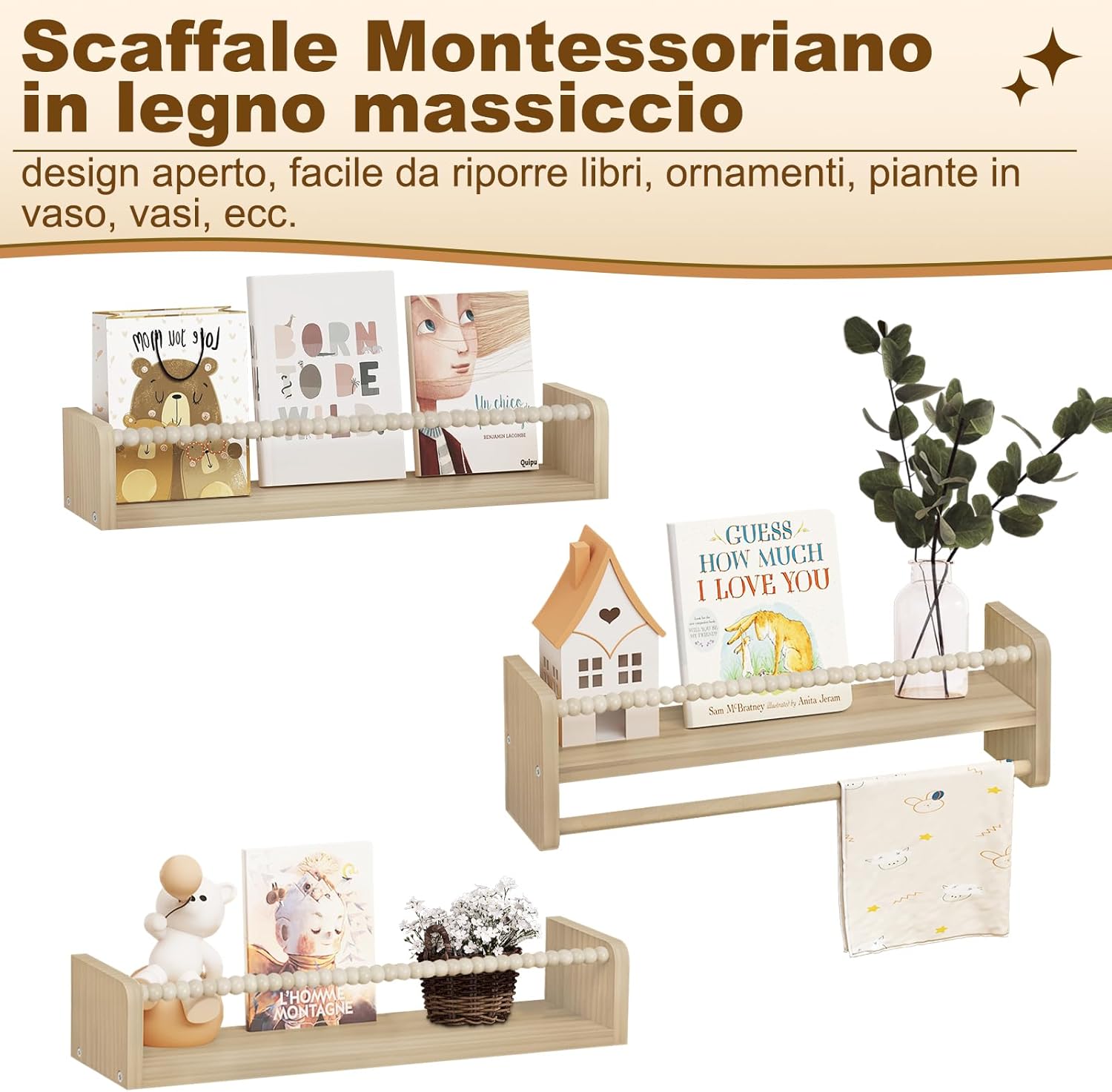 Thumbnail 4 de WOLTU set di 3 librerie da parete per bambini in legno massello, 50 cm