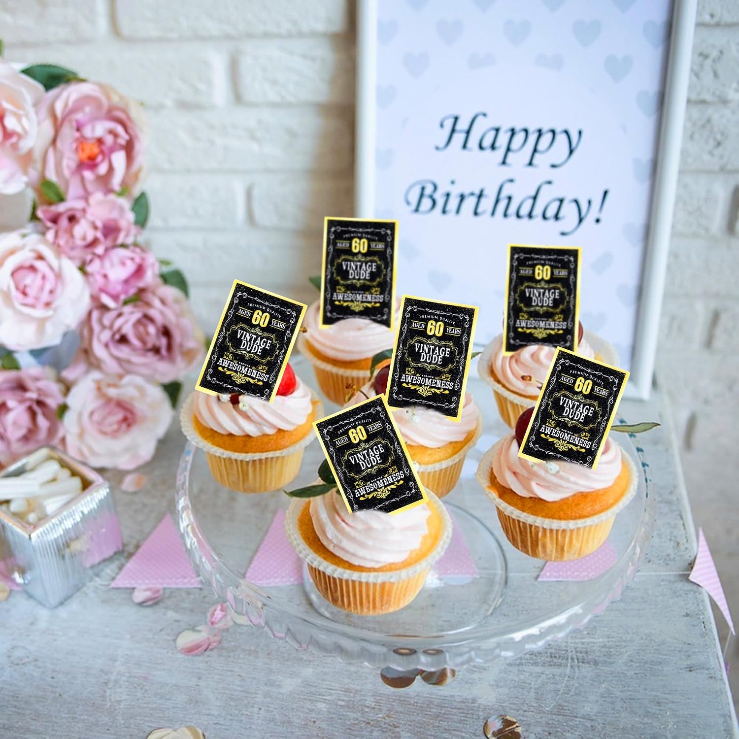 Detalle 2 de Keaziu 60th Birthday Edible Rectangle Cupcake Toppers, 40-Piece Rice Paper