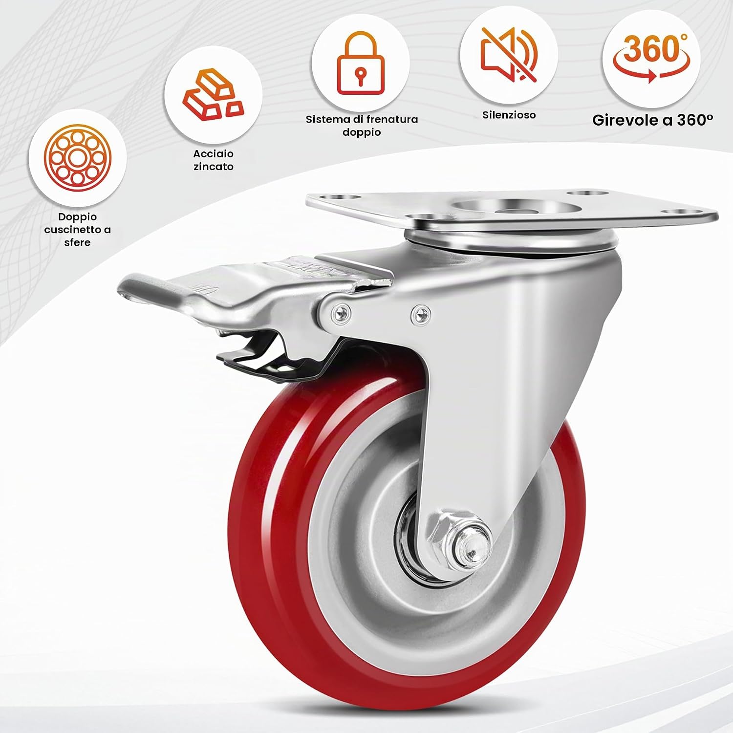 Detalle de Set 4 Ruote per Carrello Carichi Pesanti con Freno 100 mm – Gomma Piena Silenziosa, 600 kg
