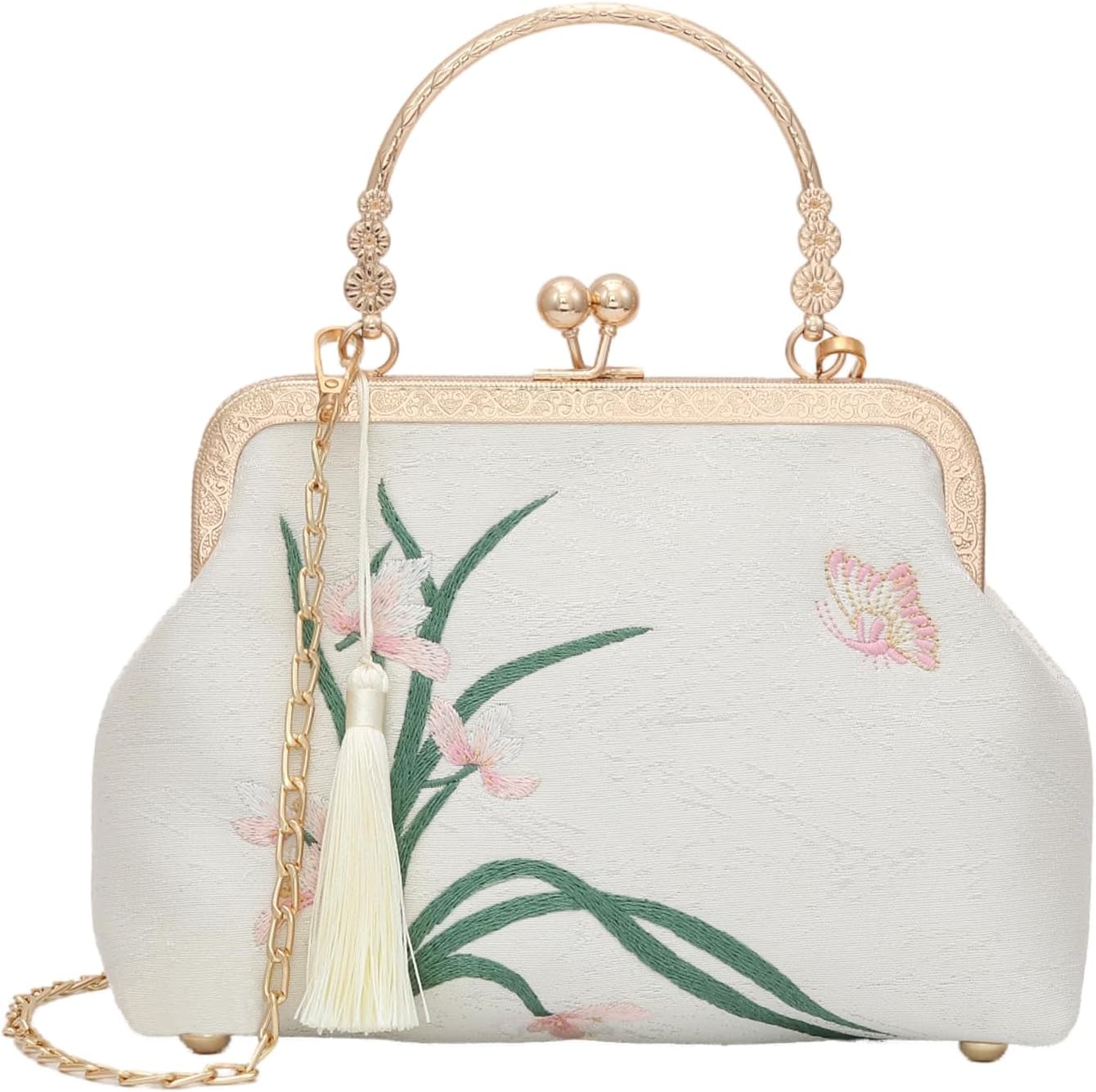 Detalle de YeBon Retro Shoulder Chain Messenger Clutch: Chinese Style Crane Embroidered Jacquard Evening Bag