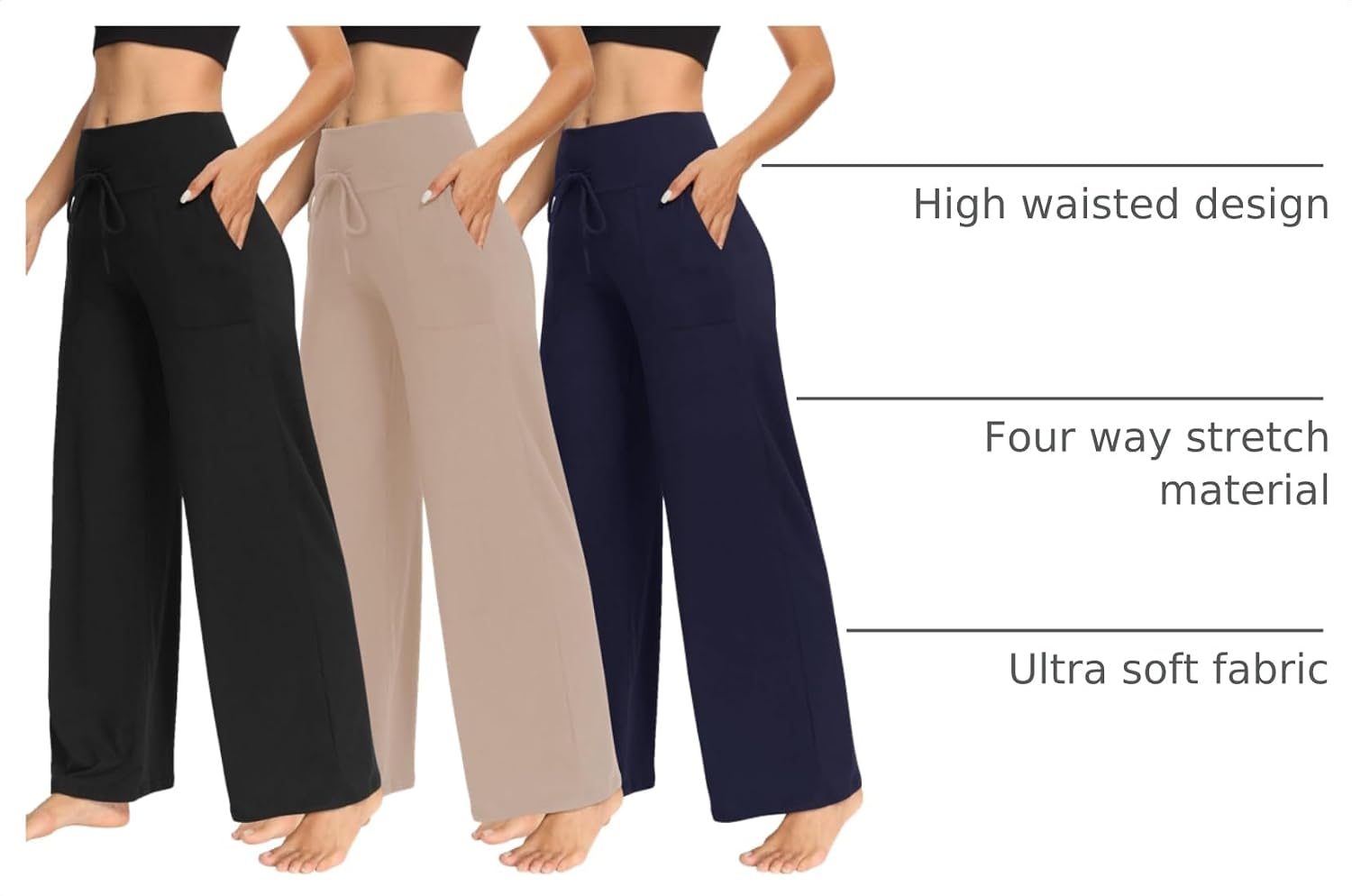 Detalle 2 de TNNZEET 3-Pack Women's Wide-Leg Pants with Pockets, Four-Way Stretch