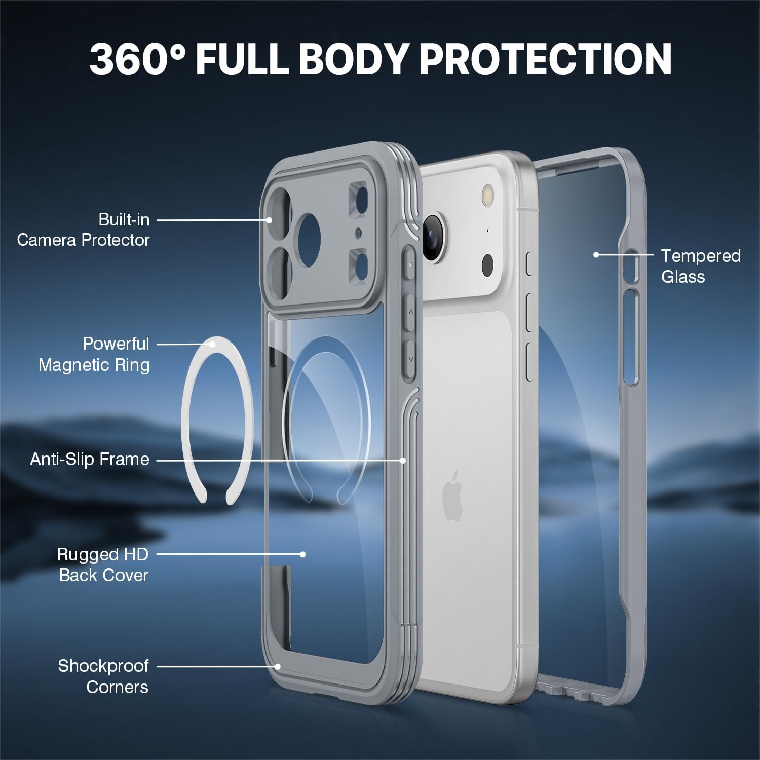 Detalle 2 de CENHUFO iPhone 17 Pro case with built-in 9H glass screen protector, full camera protection and MagSafe support (6.3 inch) - Gray