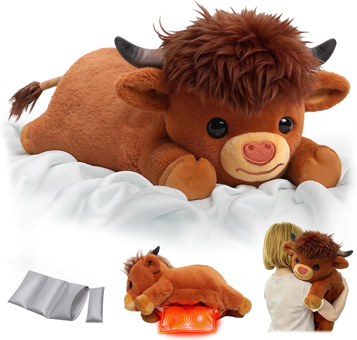 Detalle de Mewaii Highland Cow Weighted Stuffed Animal with Microwavable Heating Pad (Amber Brown, 23 Inch)