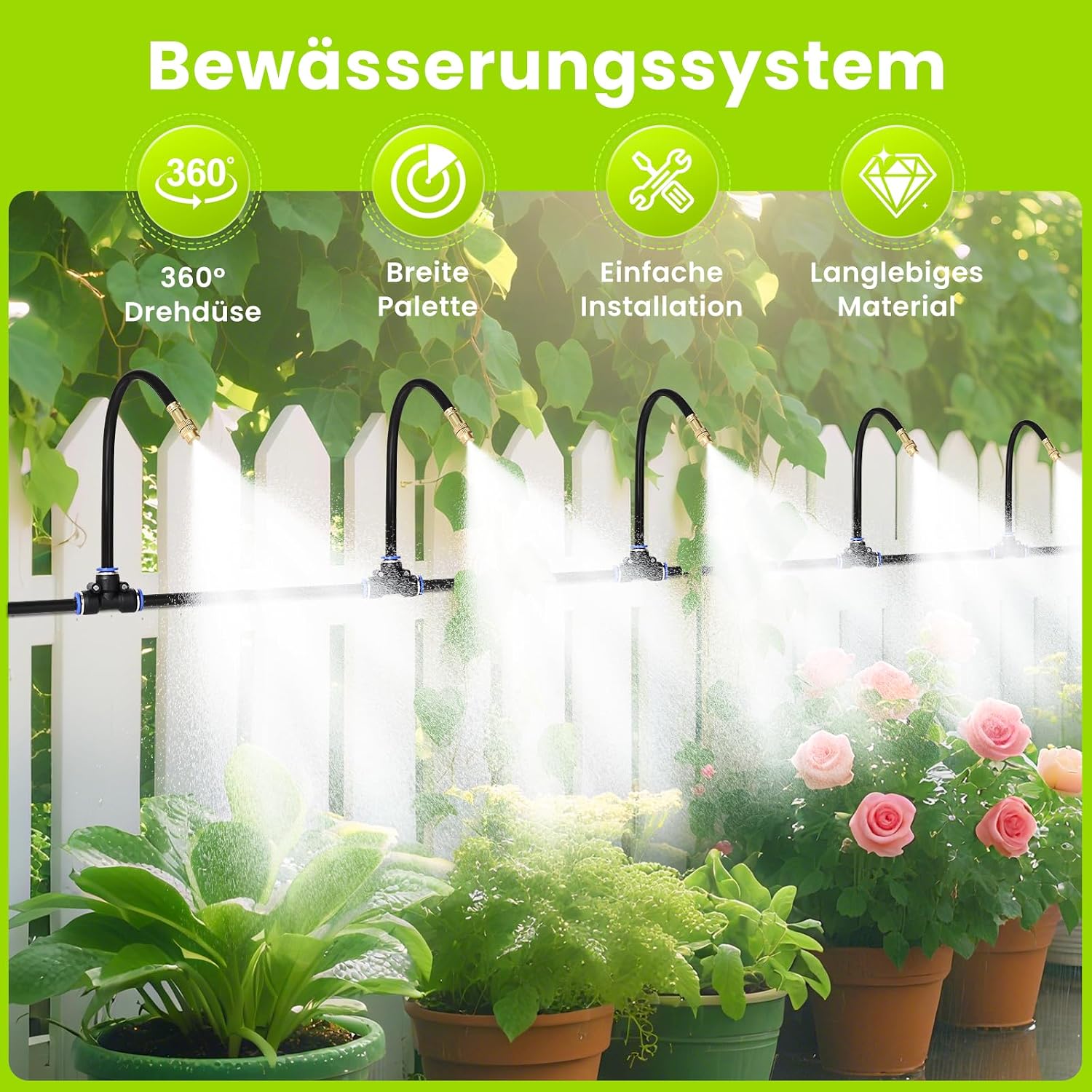 Detalle de YONHESHI Bewässerungssystem 360° Rundum-Bewässerung – 10 m Schlauch, Messingdüse, wassersparend