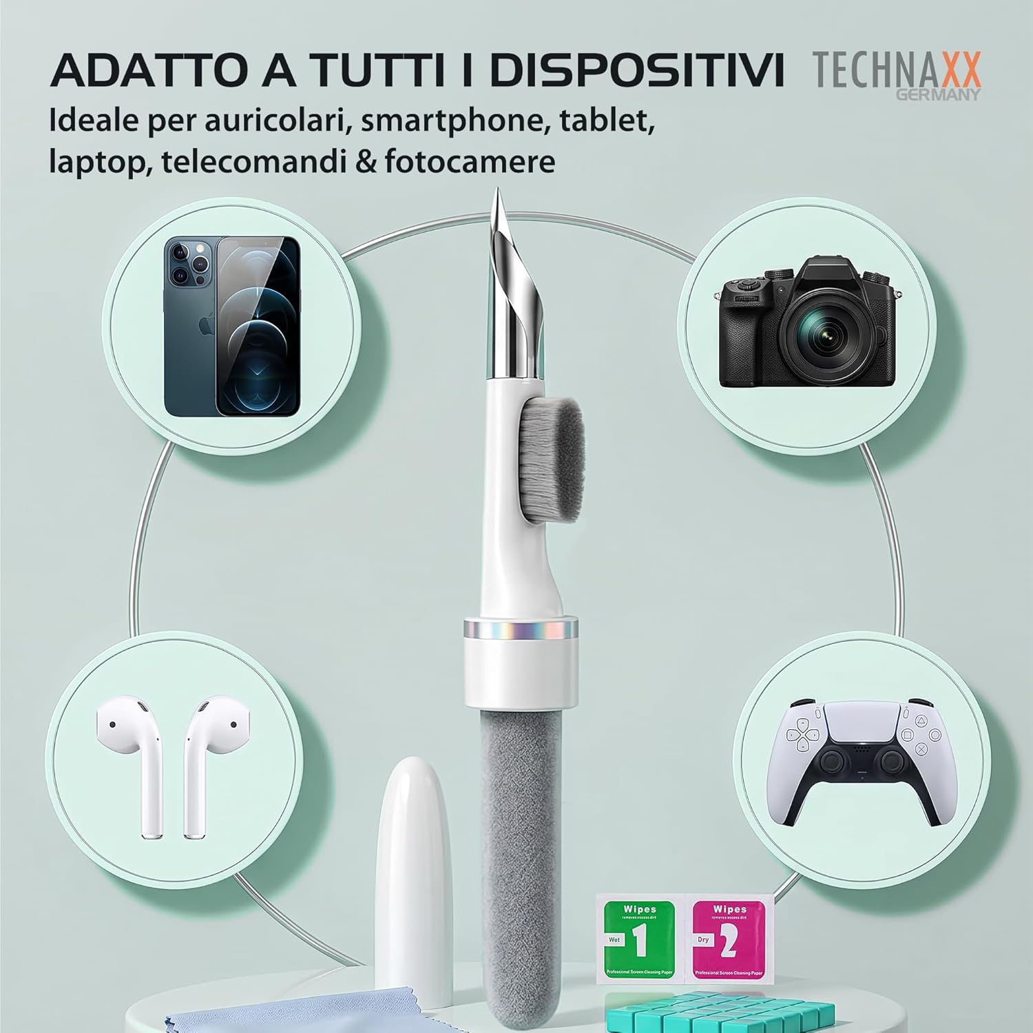 Thumbnail 3 de Technaxx TX-333 Kit di pulizia 3-in-1 per auricolari in-ear e dispositivi, con penna a punta metallica, spazzola, gomma pulente 50g e panno in microfibra