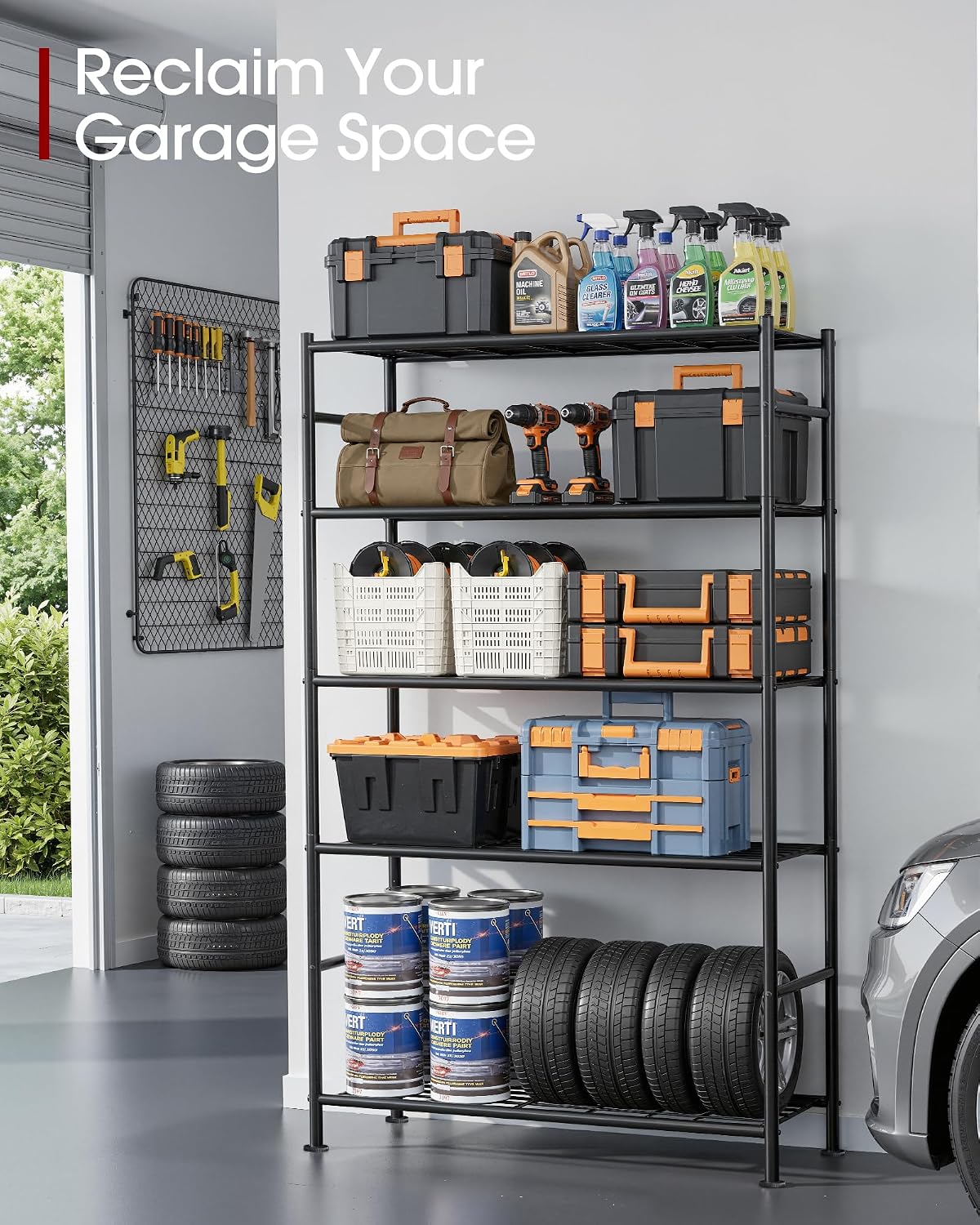 Detalle 2 de Sakugi Storage Shelves 5-Tier Metal Shelving Unit with Leveling Feet (Black) – 72" H, Garage/Closet/Pantry Organizer