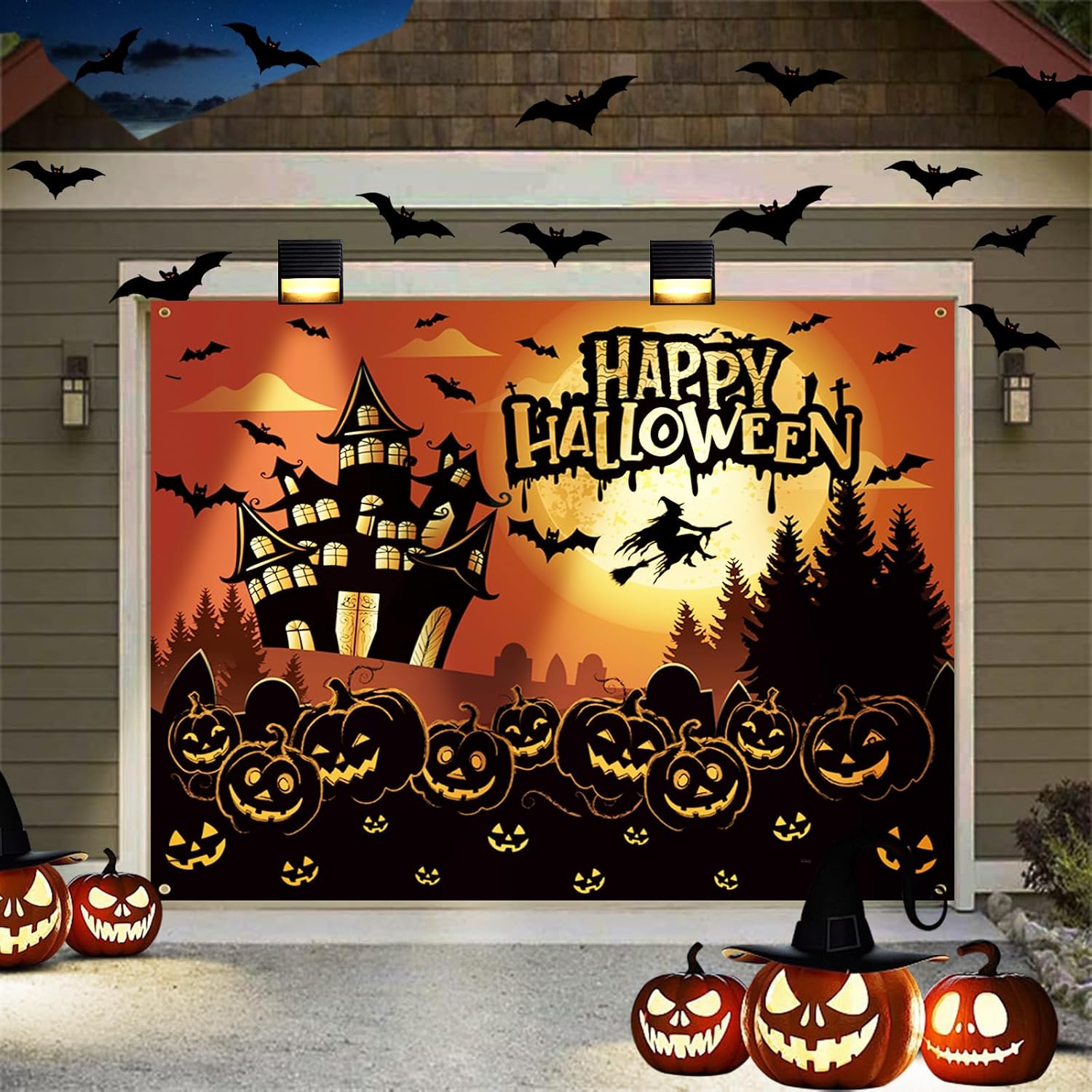 Detalle de XMZFAC 7 x 8 ft Halloween Garage Door Cover, Polyester Pumpkin Banner