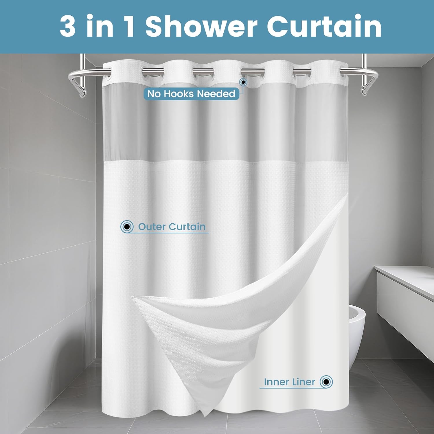 Detalle de Aovfy HFG_1_7174-CA Waffle Shower Curtain, 71 x 74, Snap-In Liner