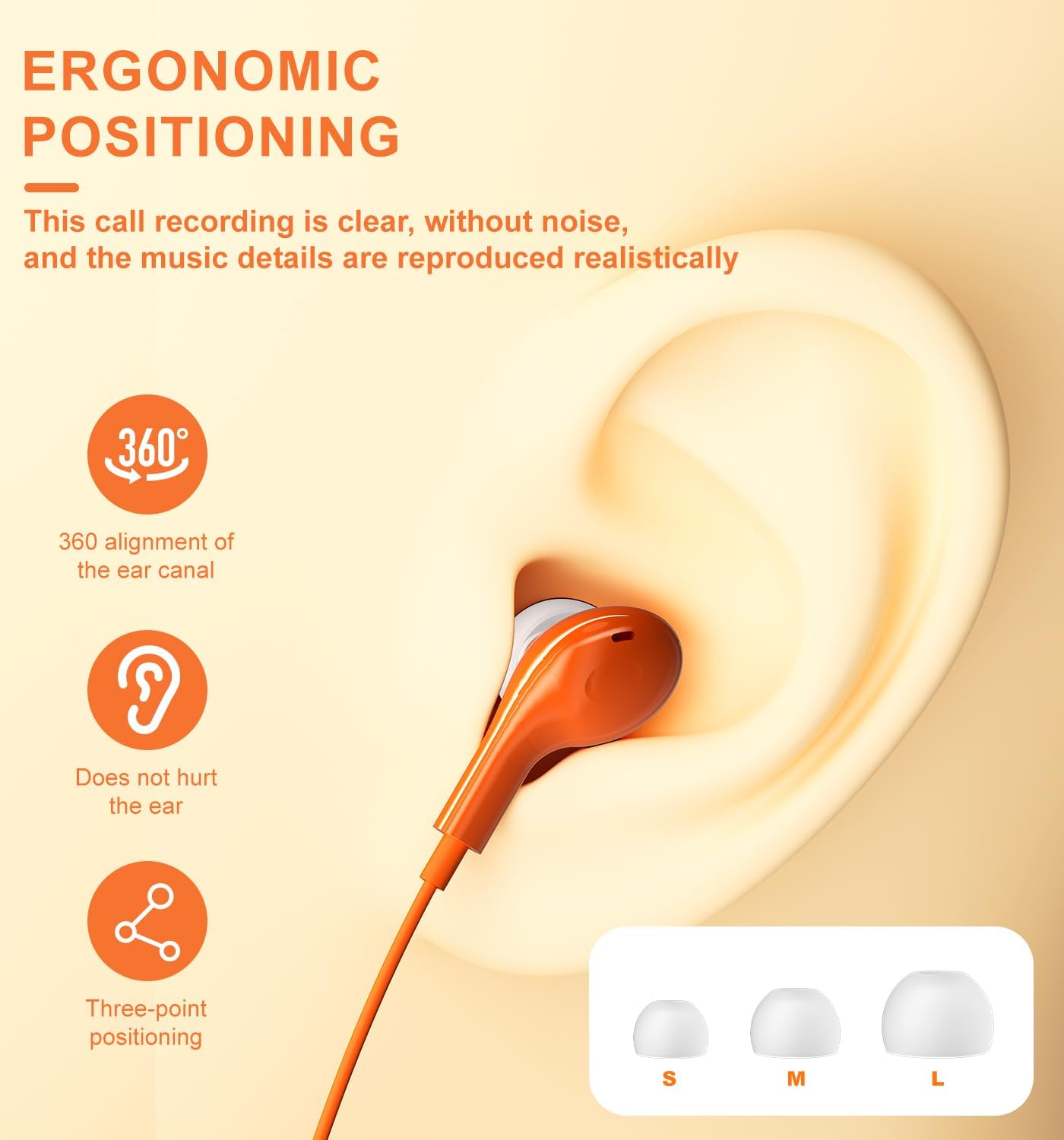 Detalle de AILZPXX 964 USB-C Wired Earbuds with Microphone and Inline Controls, Orange