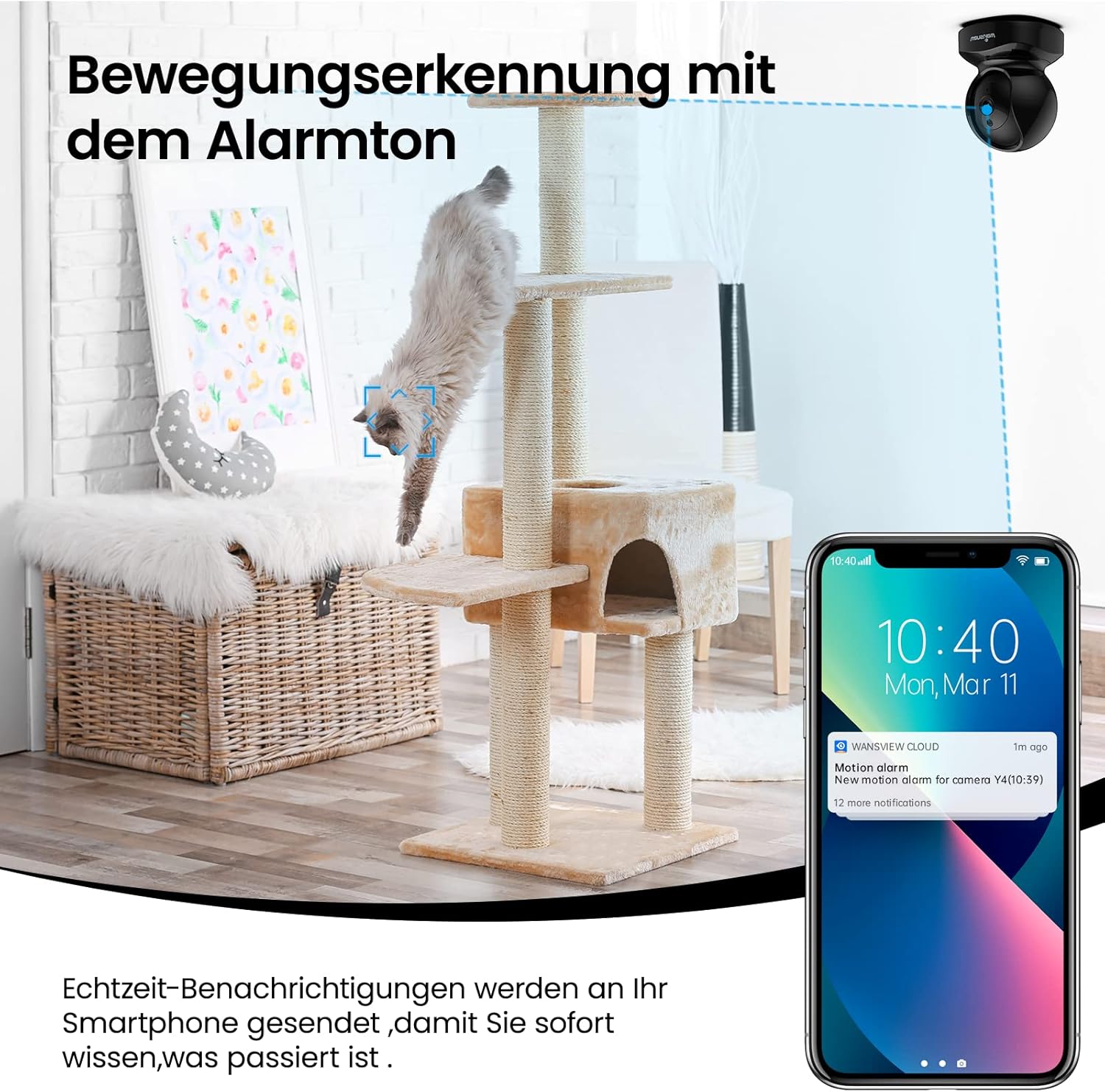 Detalle de Wansview 2K Hundekamera mit App – Innenüberwachung für Haustiere, 2,4 GHz WLAN, Nachtsicht, Bewegungserkennung