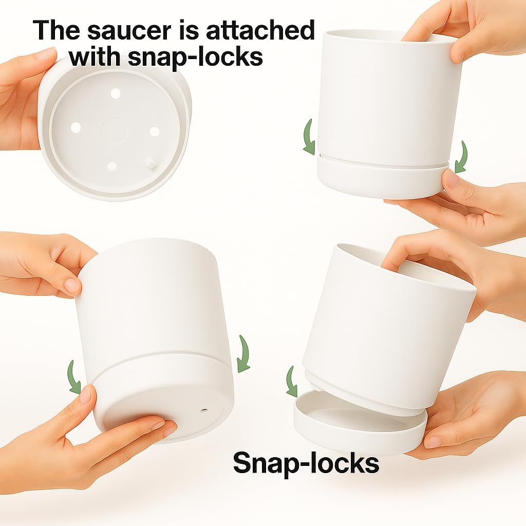 Thumbnail 5 de Home Garden Ornaments Plant Pots Indoor, Plastic Outdoor Planter with Drainage & Saucer (13 cm / 5.1 inch) – White