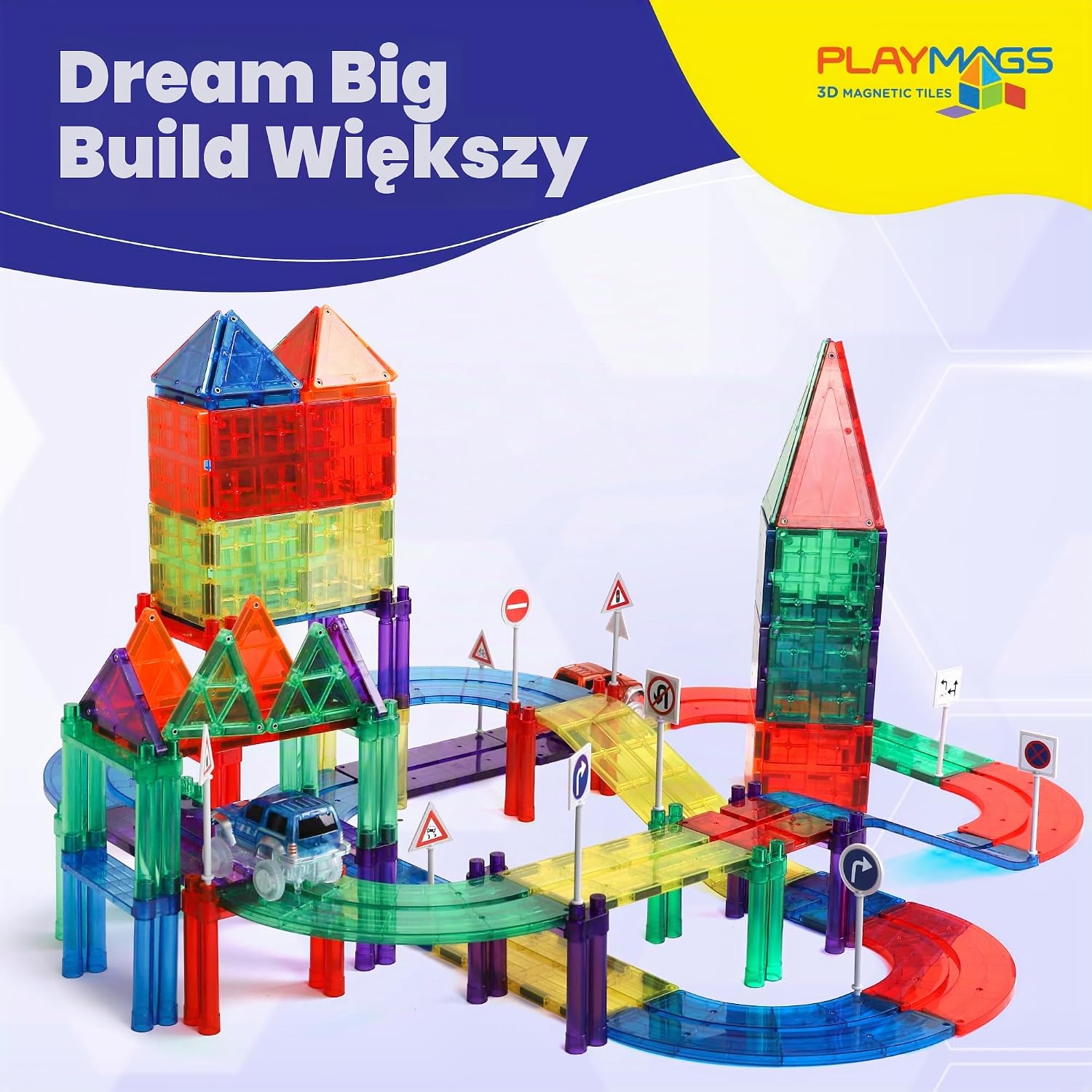 Detalle 2 de Playmags 182 – zestaw 200 płytek magnetycznych z torem i 2 samochodami